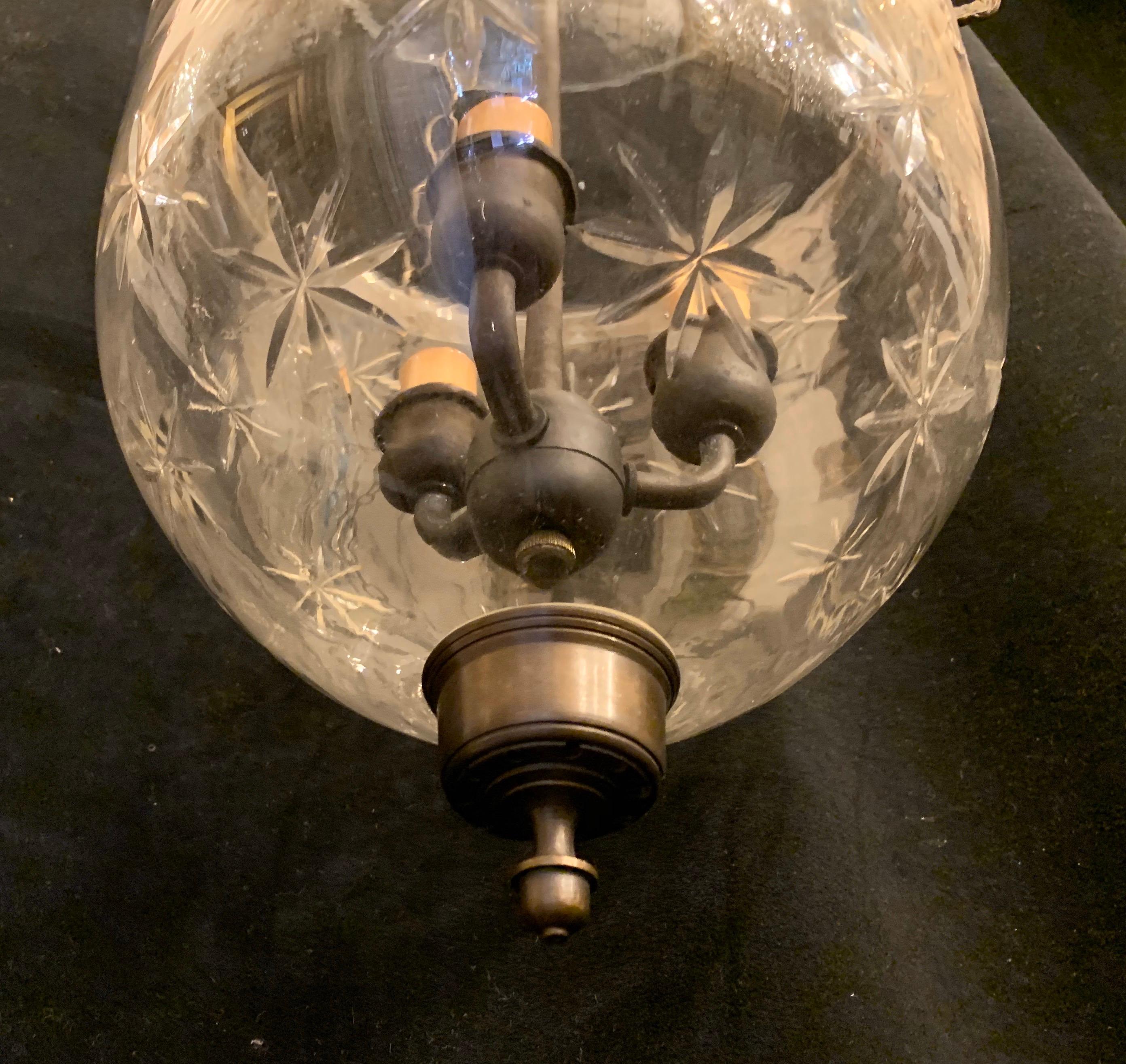 Patinated Wonderful Large Pair Vintage Vaughn Star Globe Bell Jar Lantern Fixtures Bronze