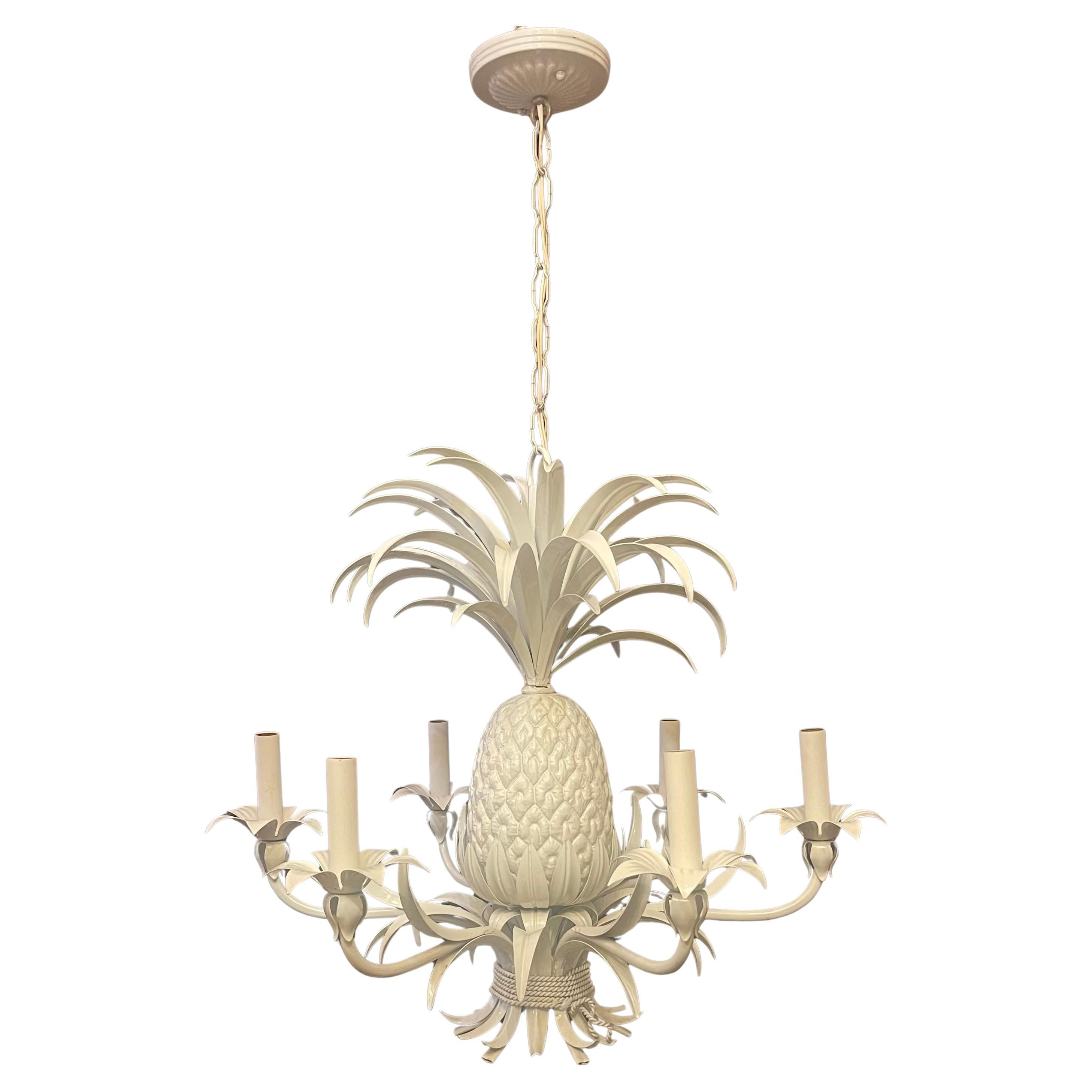 A Wonderful Large Pineapple Form Painted White Tole Italian Mid Century 6 Candelabra Light Chandelier, Ready To Install With Chain And Canopy
