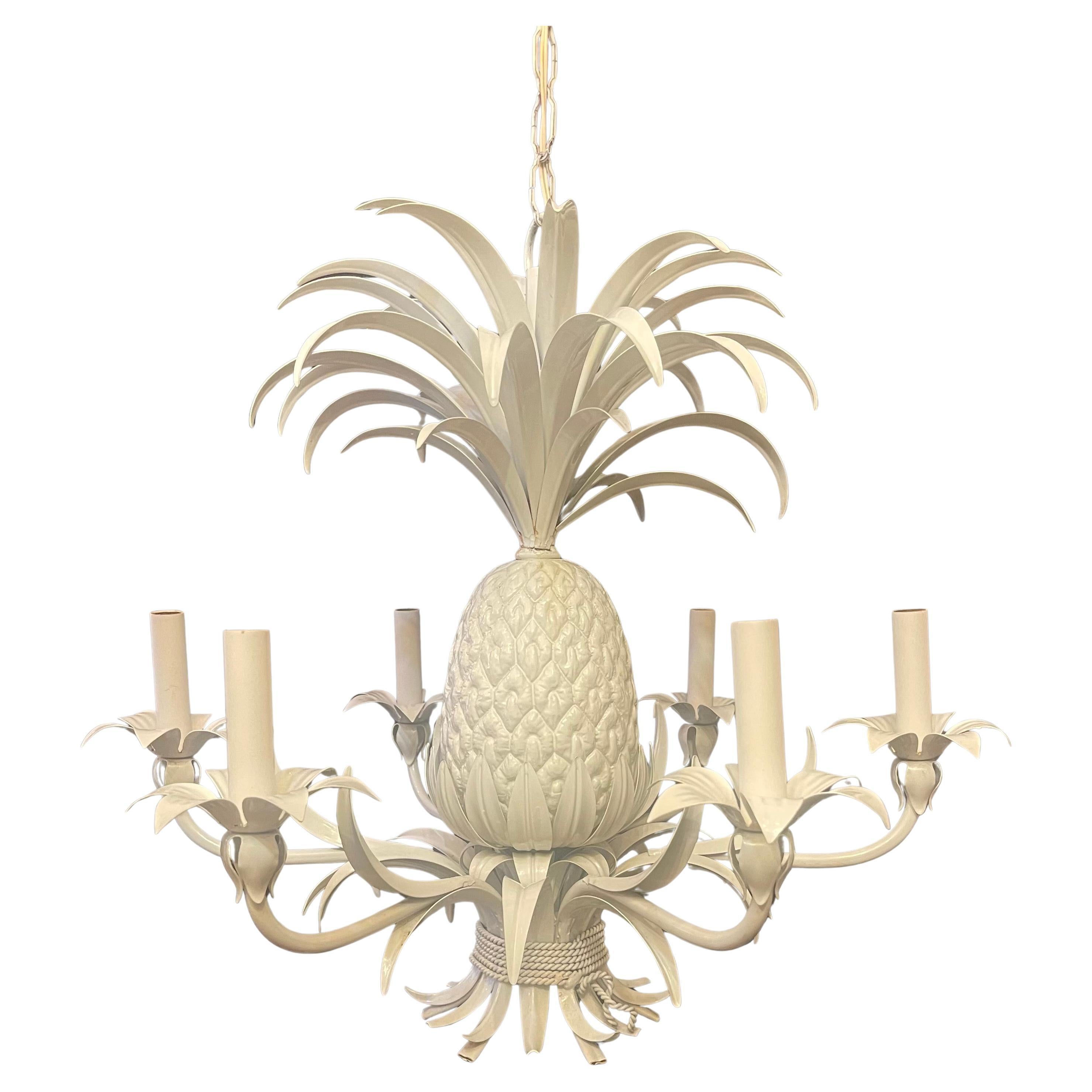 Mid-Century Modern Wonderful Large Pineapple Form Painted White Tole Italian Mid Century Chandelier For Sale