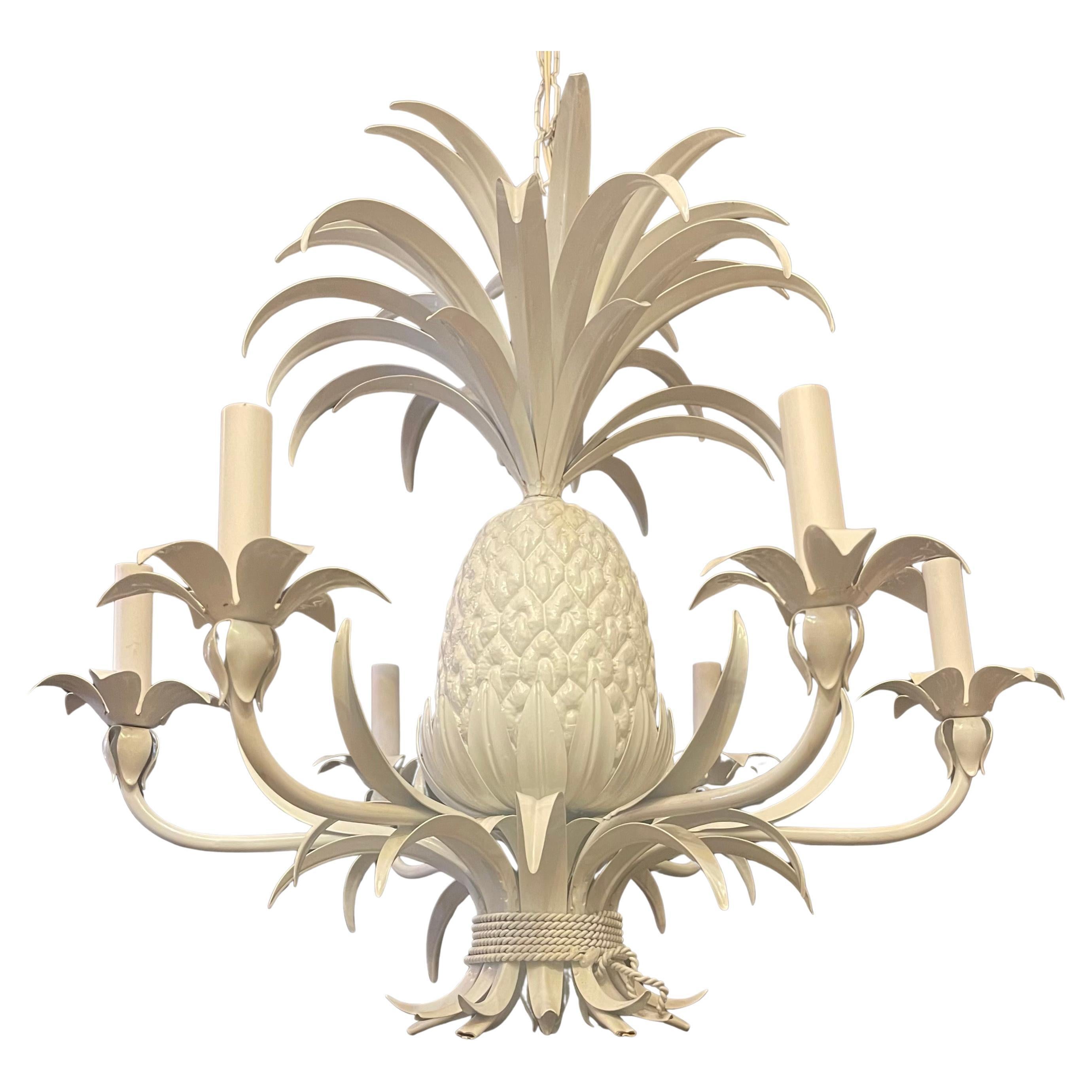 Wonderful Large Pineapple Form Painted White Tole Italian Mid Century Chandelier In Good Condition For Sale In Roslyn, NY