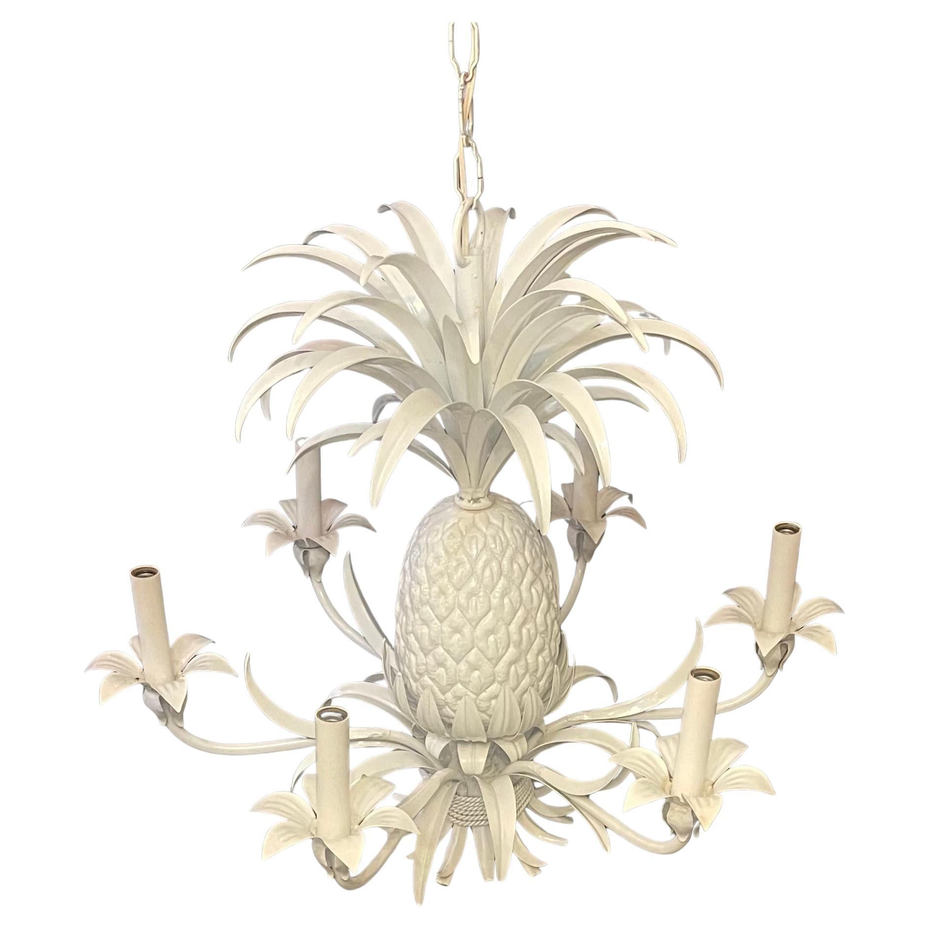 20th Century Wonderful Large Pineapple Form Painted White Tole Italian Mid Century Chandelier For Sale