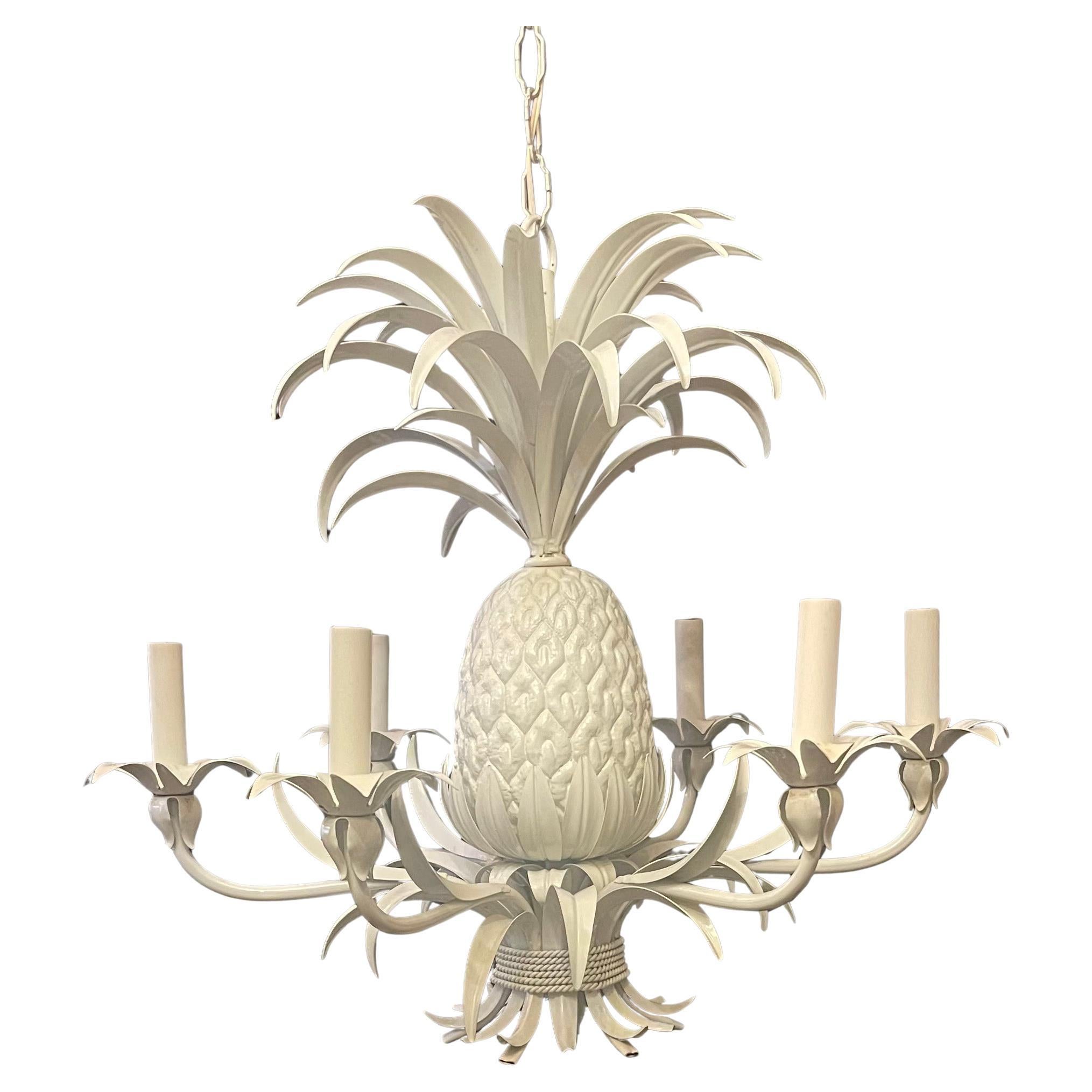 Wonderful Large Pineapple Form Painted White Tole Italian Mid Century Chandelier For Sale