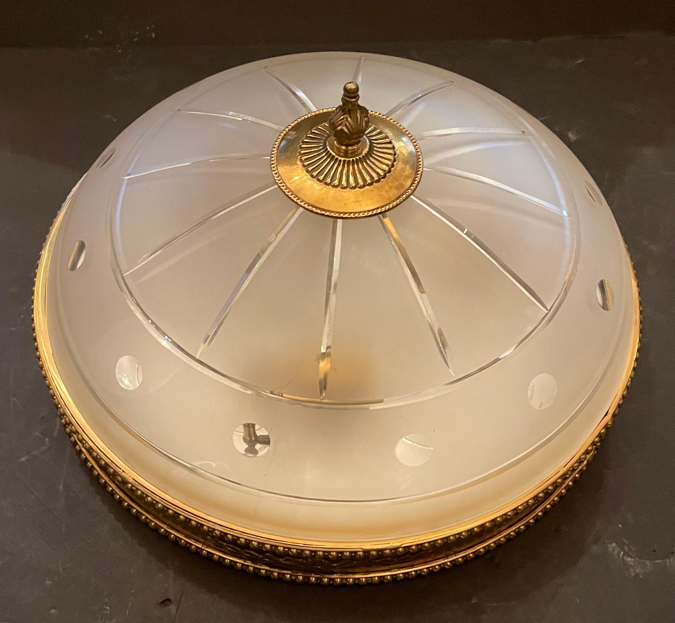 A Wonderful Large Regency Bronze With Etched Frosted Glass / Crystal Flush Mount Ceiling Fixture Having 3 Candelabra Lights On The Interior
Rewired For USA And Comes Ready To Install