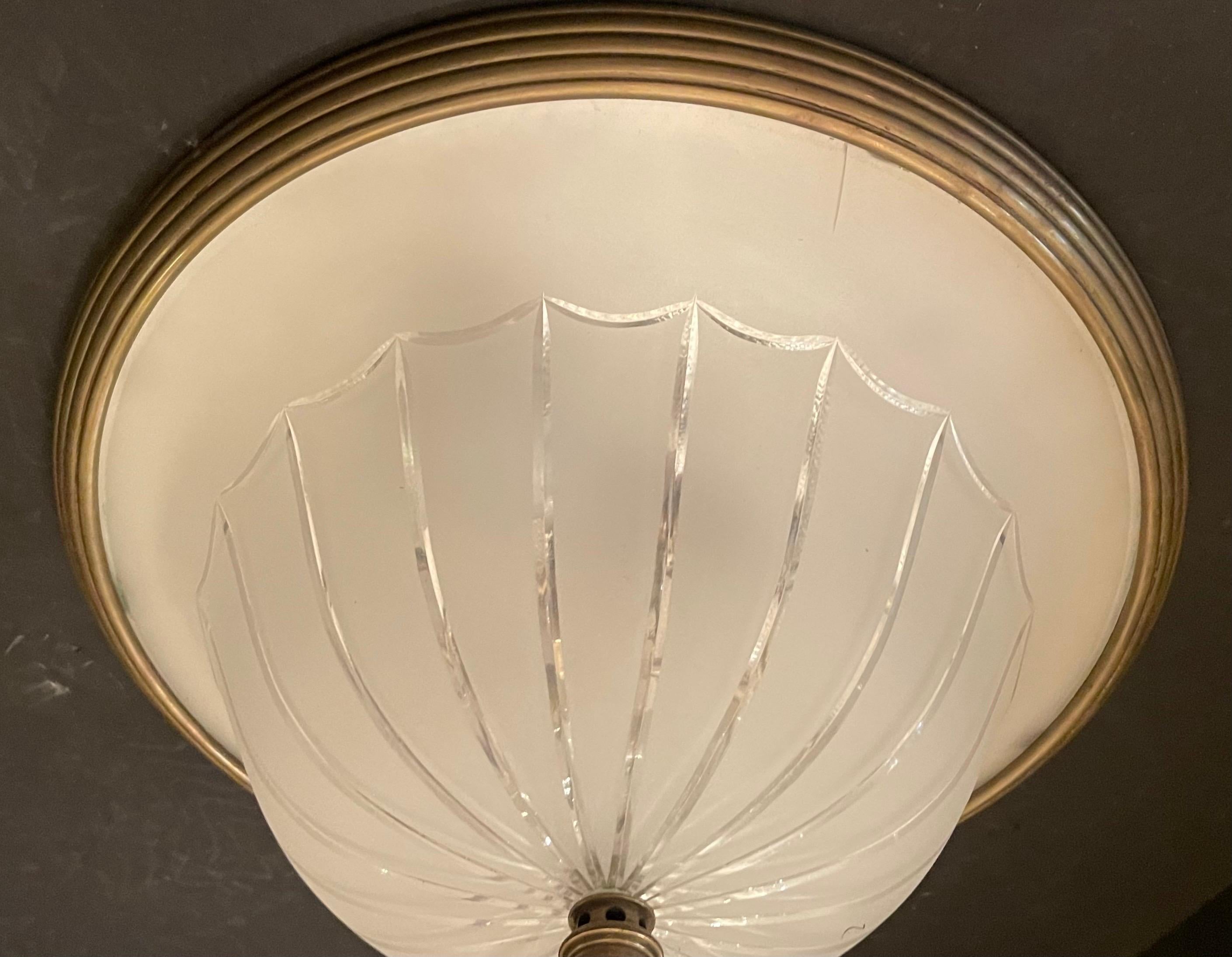 Wonderful Large Regency Bronze Frosted Glass Crystal Flush Mount Ceiling Fixture In Good Condition For Sale In Roslyn, NY