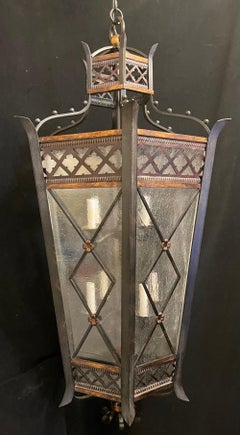 Wonderful Large Regency Iron Hand Decorated Seeded Glass Hanging Lantern Fixture