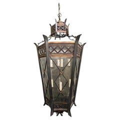Wonderful Large Regency Iron Hand Decorated Seeded Glass Hanging Lantern Fixture
