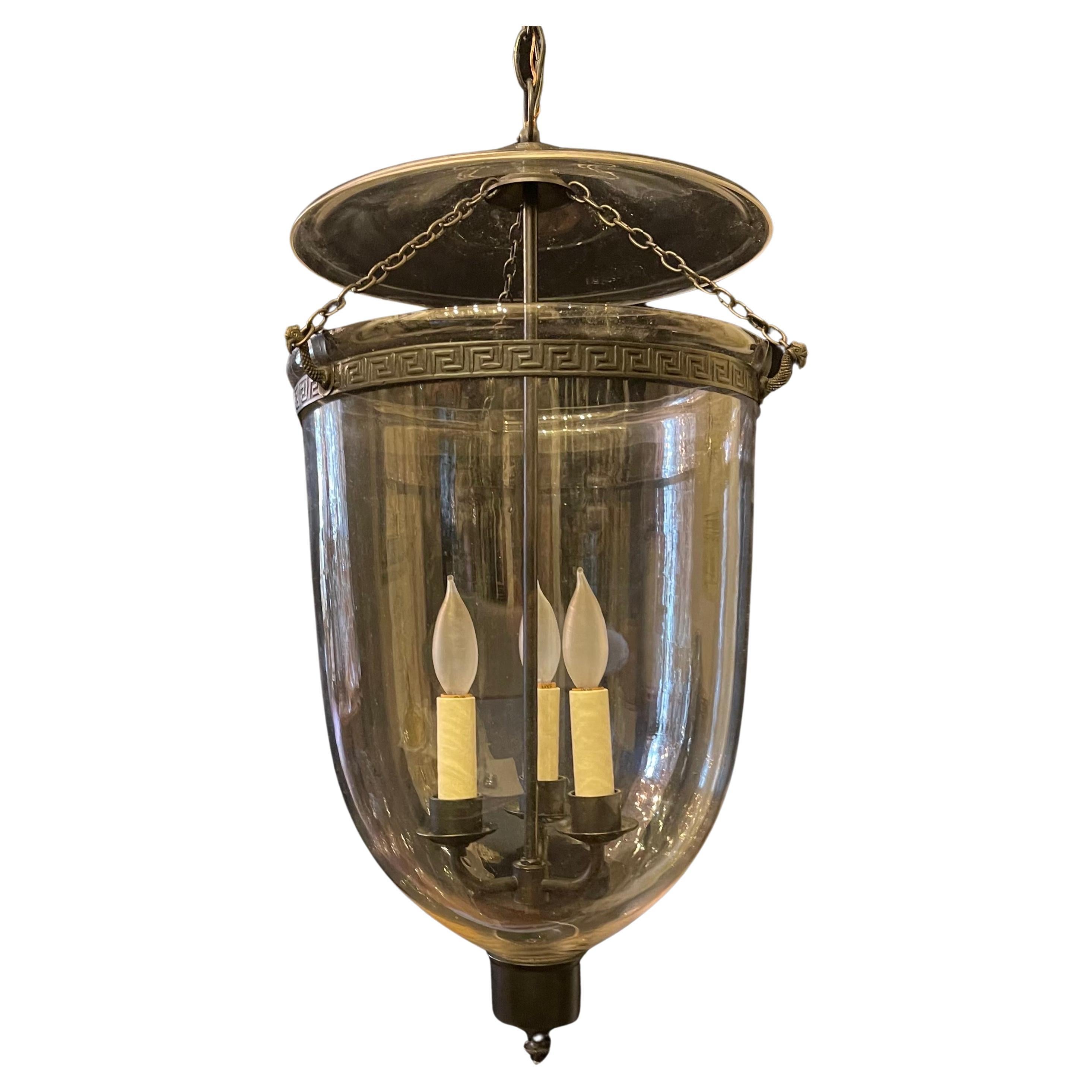 A Wonderful Large Regency Style Patinated Brass And Clear Blown Glass Bell Jar Lantern Fixture With 3 Rewired Candelabra Sockets