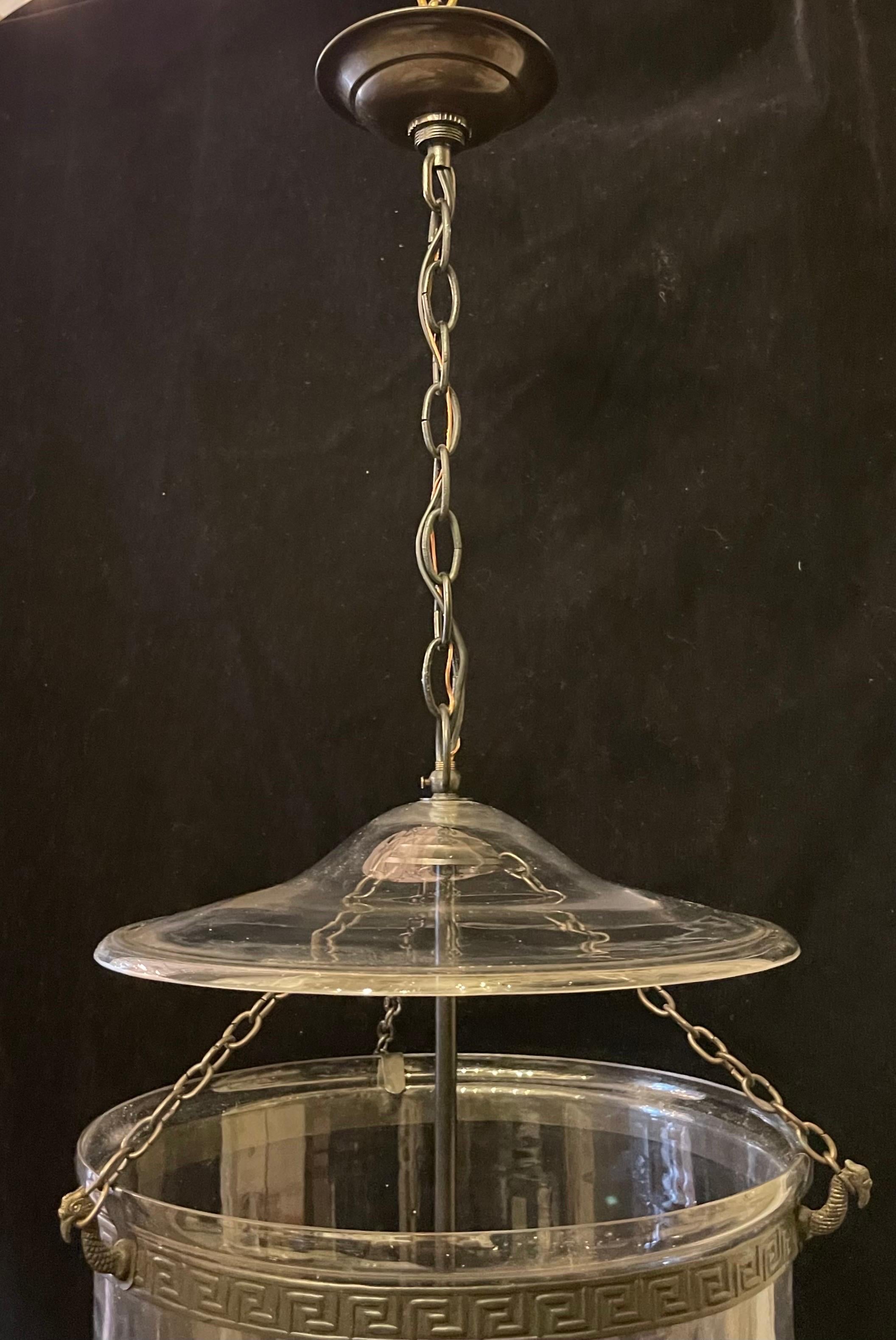 Wonderful Large Regency Patinated Brass Clear Glass Bell Jar Lantern Fixture In Good Condition For Sale In Roslyn, NY