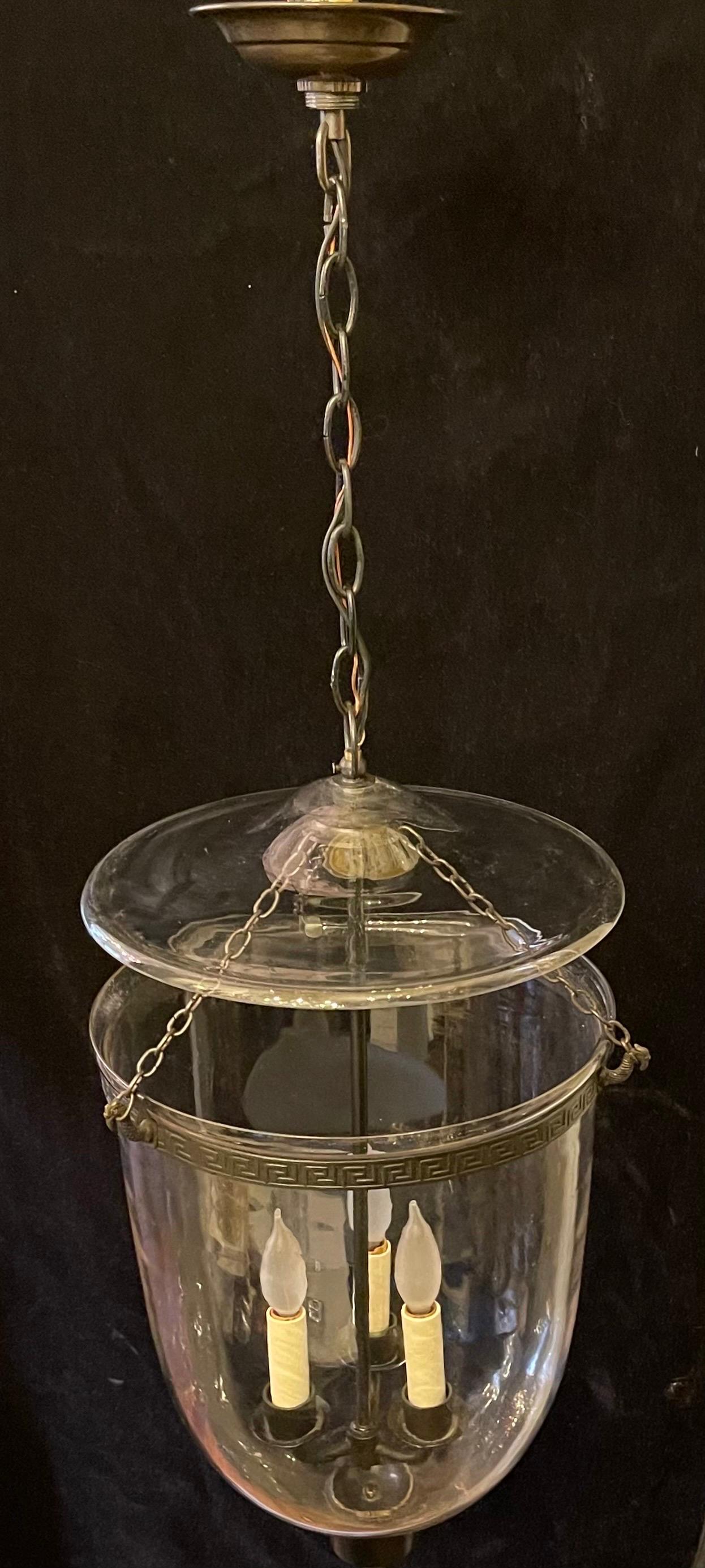20th Century Wonderful Large Regency Patinated Brass Clear Glass Bell Jar Lantern Fixture For Sale