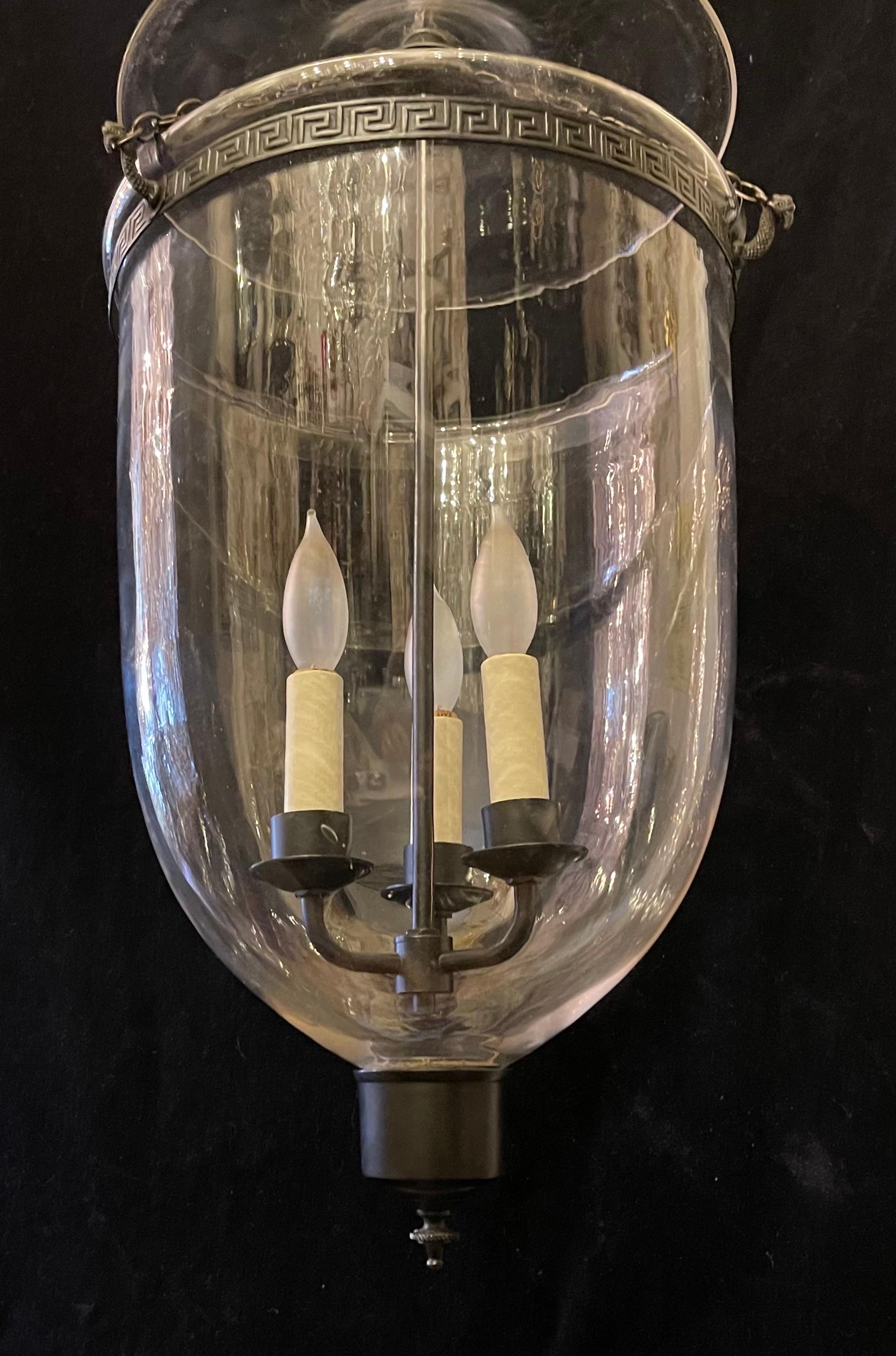 Wonderful Large Regency Patinated Brass Clear Glass Bell Jar Lantern Fixture For Sale 1