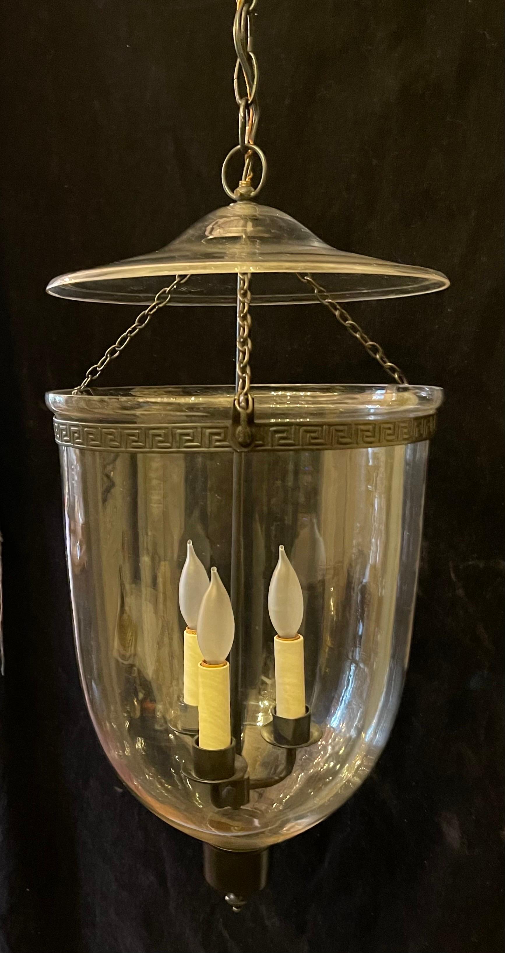 Wonderful Large Regency Patinated Brass Clear Glass Bell Jar Lantern Fixture For Sale 2