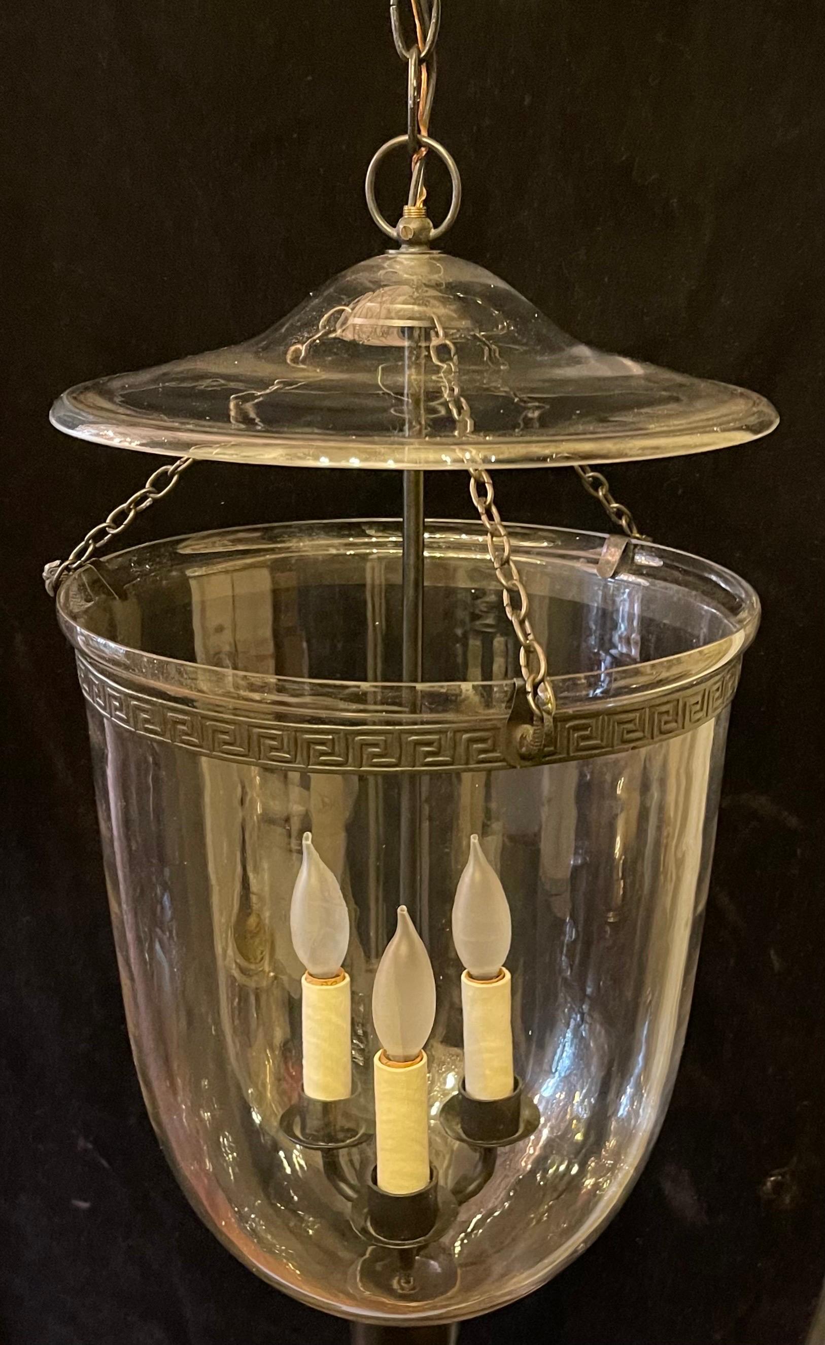 Wonderful Large Regency Patinated Brass Clear Glass Bell Jar Lantern Fixture For Sale 3