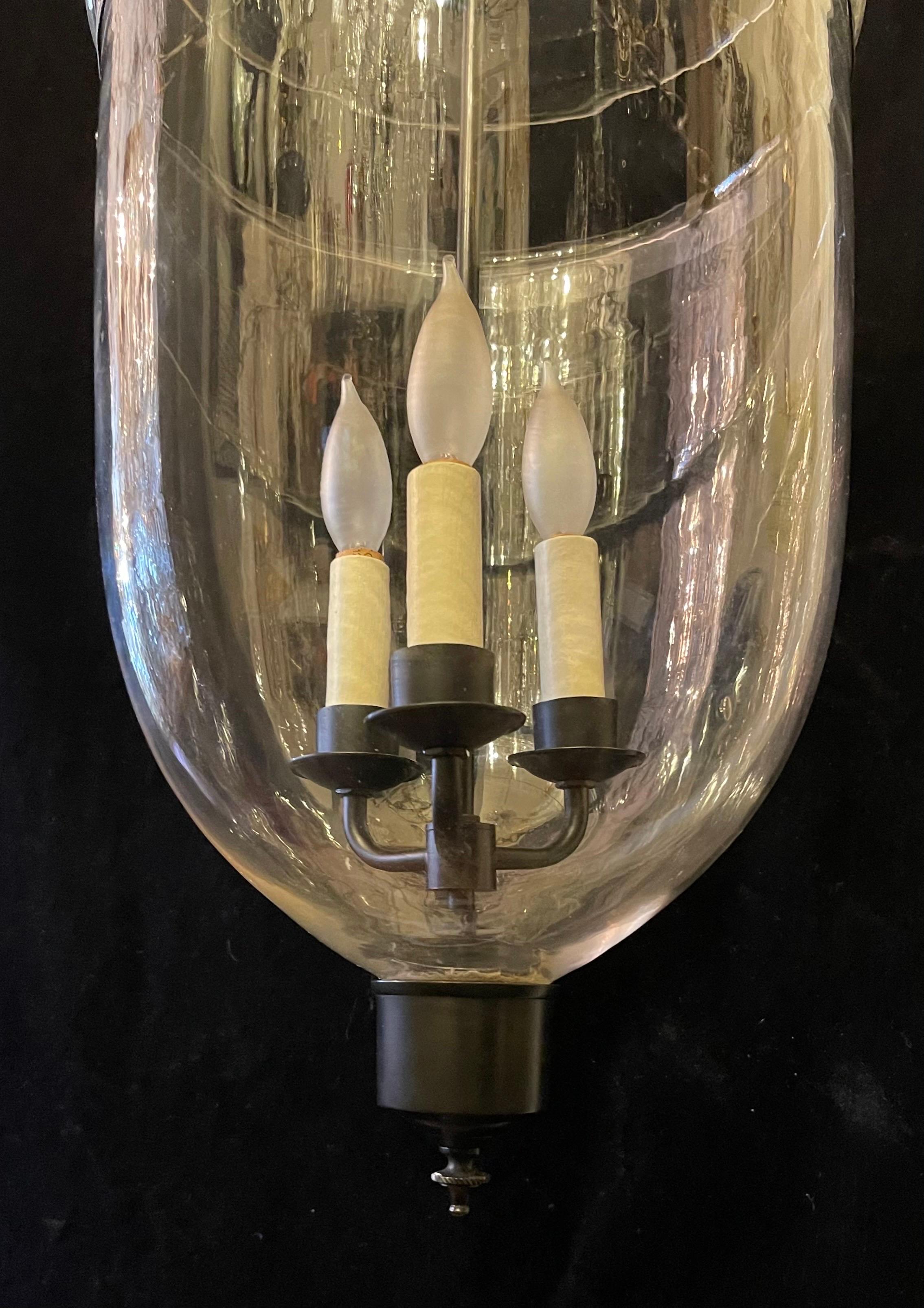 Wonderful Large Regency Patinated Brass Clear Glass Bell Jar Lantern Fixture For Sale 4