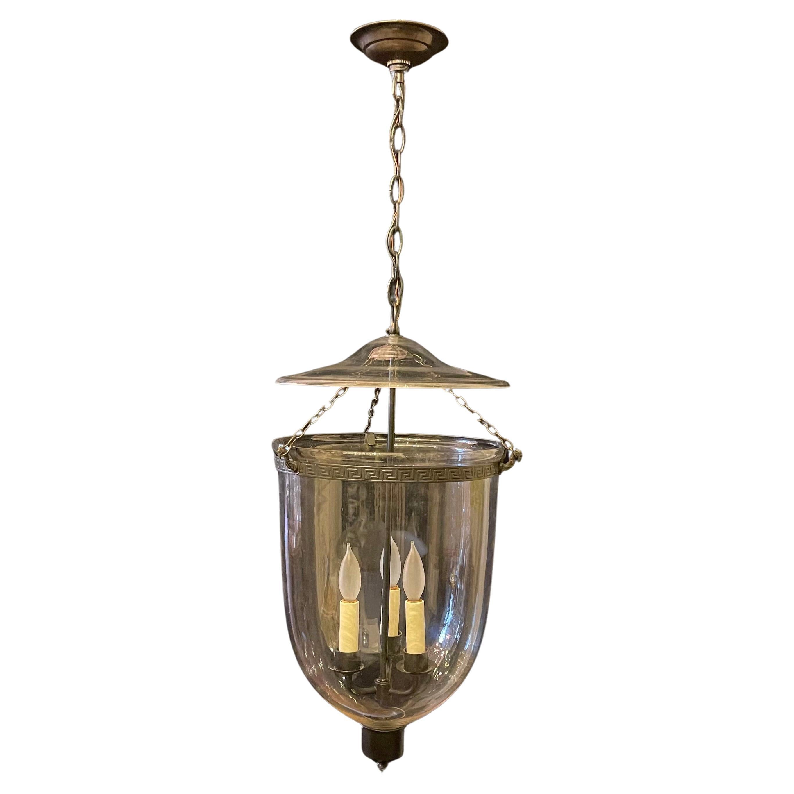 Wonderful Large Regency Patinated Brass Clear Glass Bell Jar Lantern Fixture For Sale