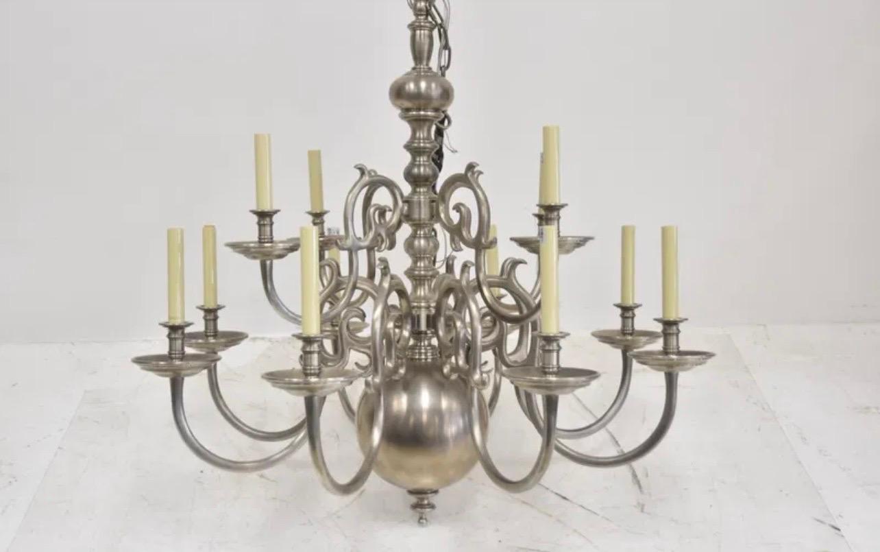 A Wonderful Large Satin Nickel Williamsburg Ralph Lauren Style Two Tier 12 Candelabra Light Chandelier