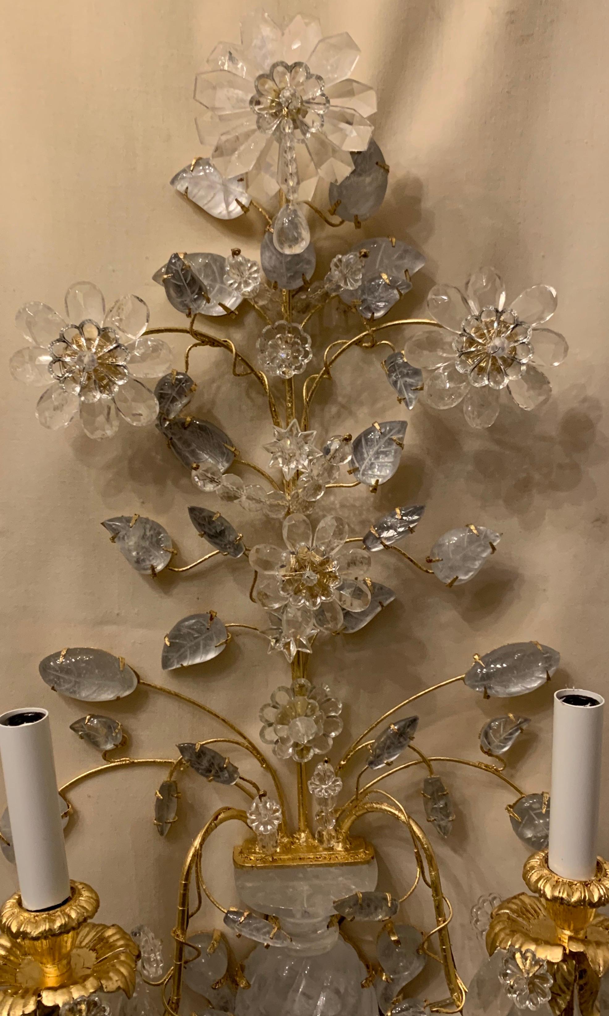 Belle Époque Wonderful Large Set Four French Gold Gilt Rock Crystal Flower Urn Baguès Sconces For Sale