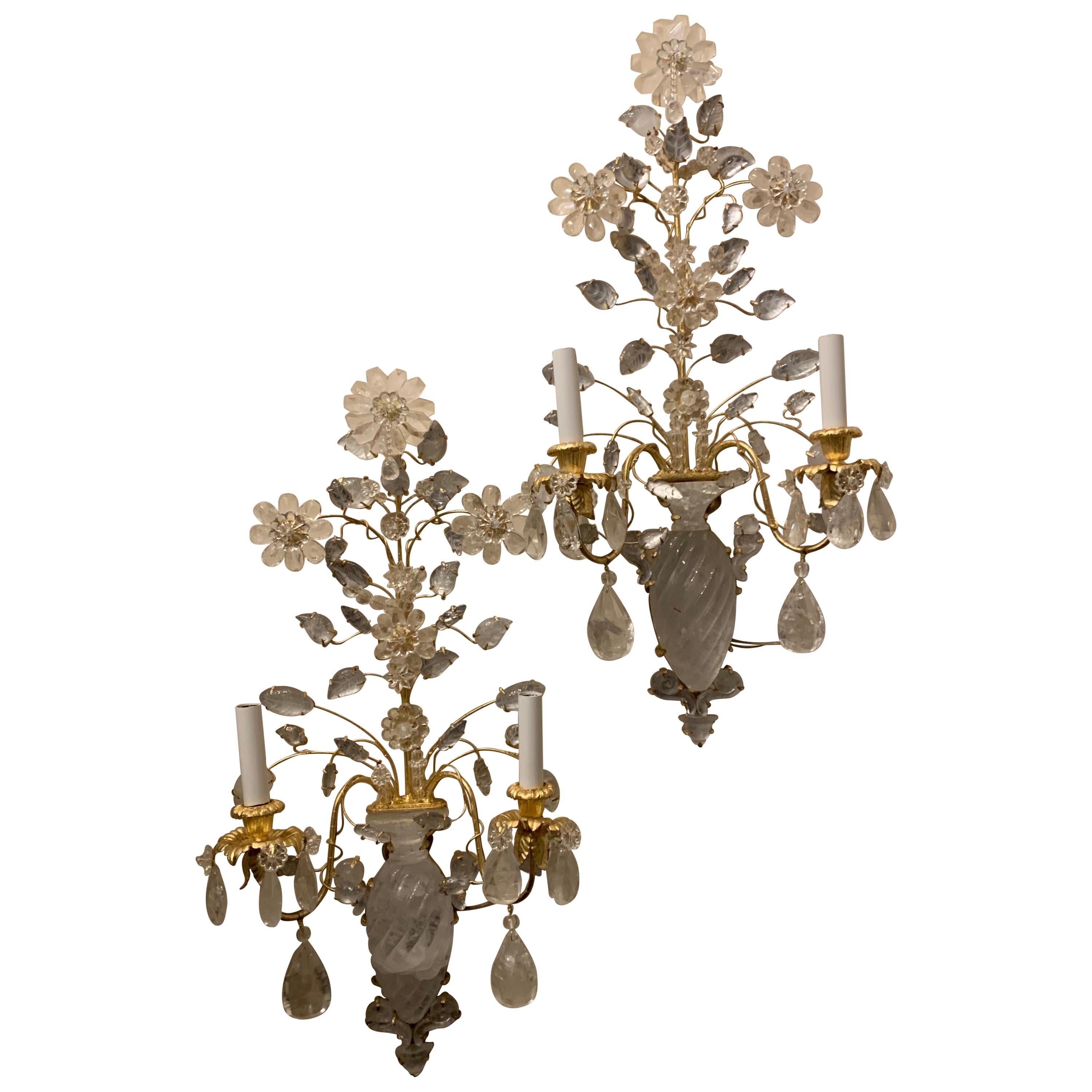 Wonderful Large Set Four French Gold Gilt Rock Crystal Flower Urn Baguès Sconces For Sale