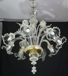 Wonderful Large Size Venetian Chandelier, Transparent and Gold Murano Glass