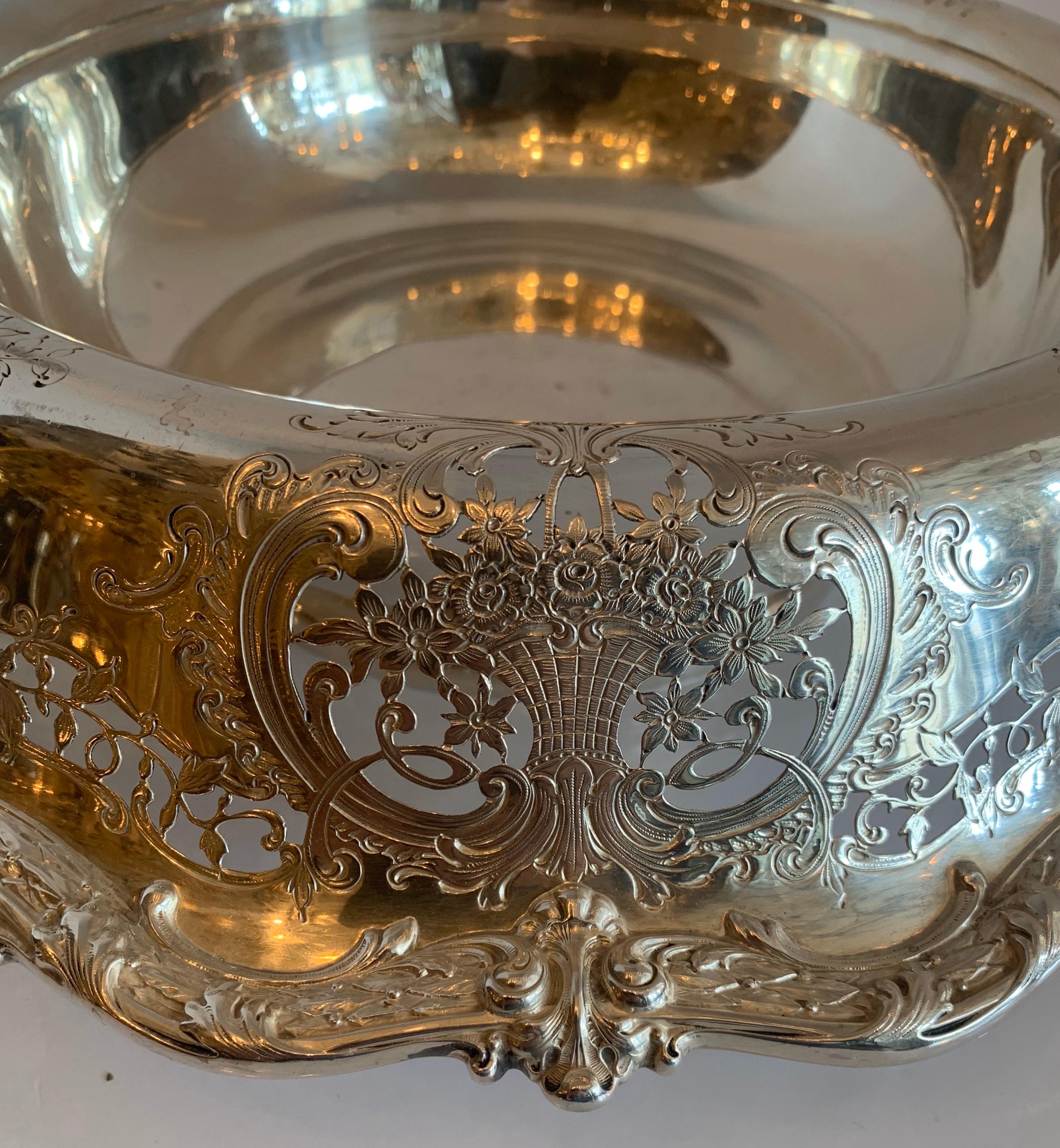 A Wonderful Large Sterling Silver 925 Pierced Flower Basket Centerpiece Bowl On Stand
In The Manner Of J.E. Caldwell
42 Troy Oz.