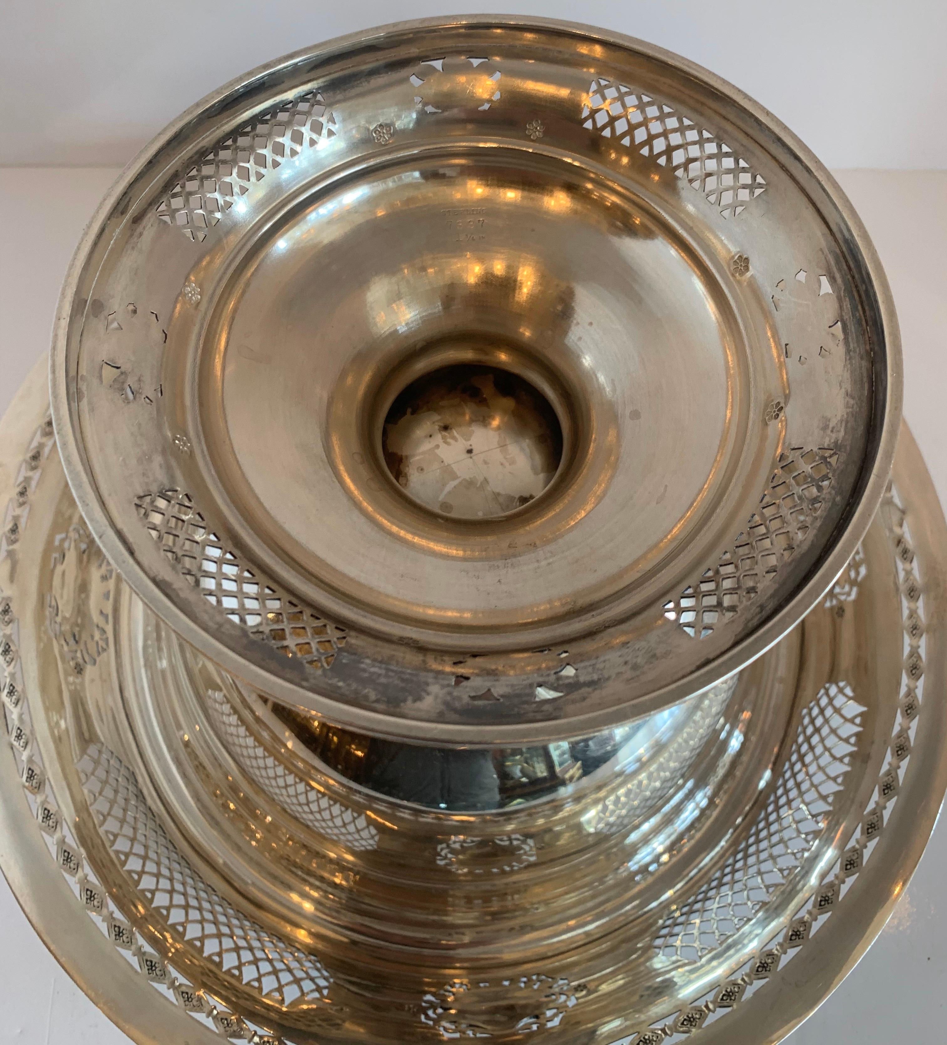 Wonderful Large Sterling Silver Pierced Flower Urn Basket Centerpiece Bowl Stand In Good Condition For Sale In Roslyn, NY