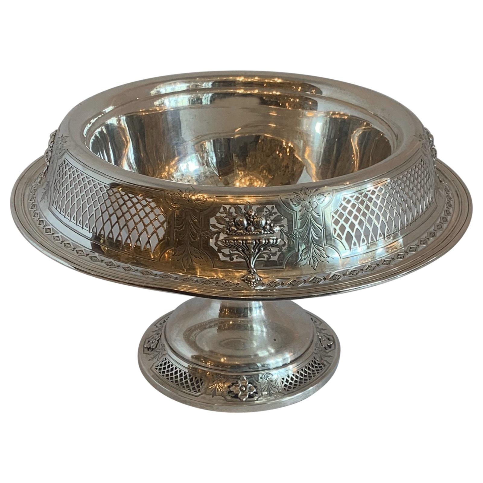 Wonderful Large Sterling Silver Pierced Flower Urn Basket Centerpiece Bowl Stand For Sale