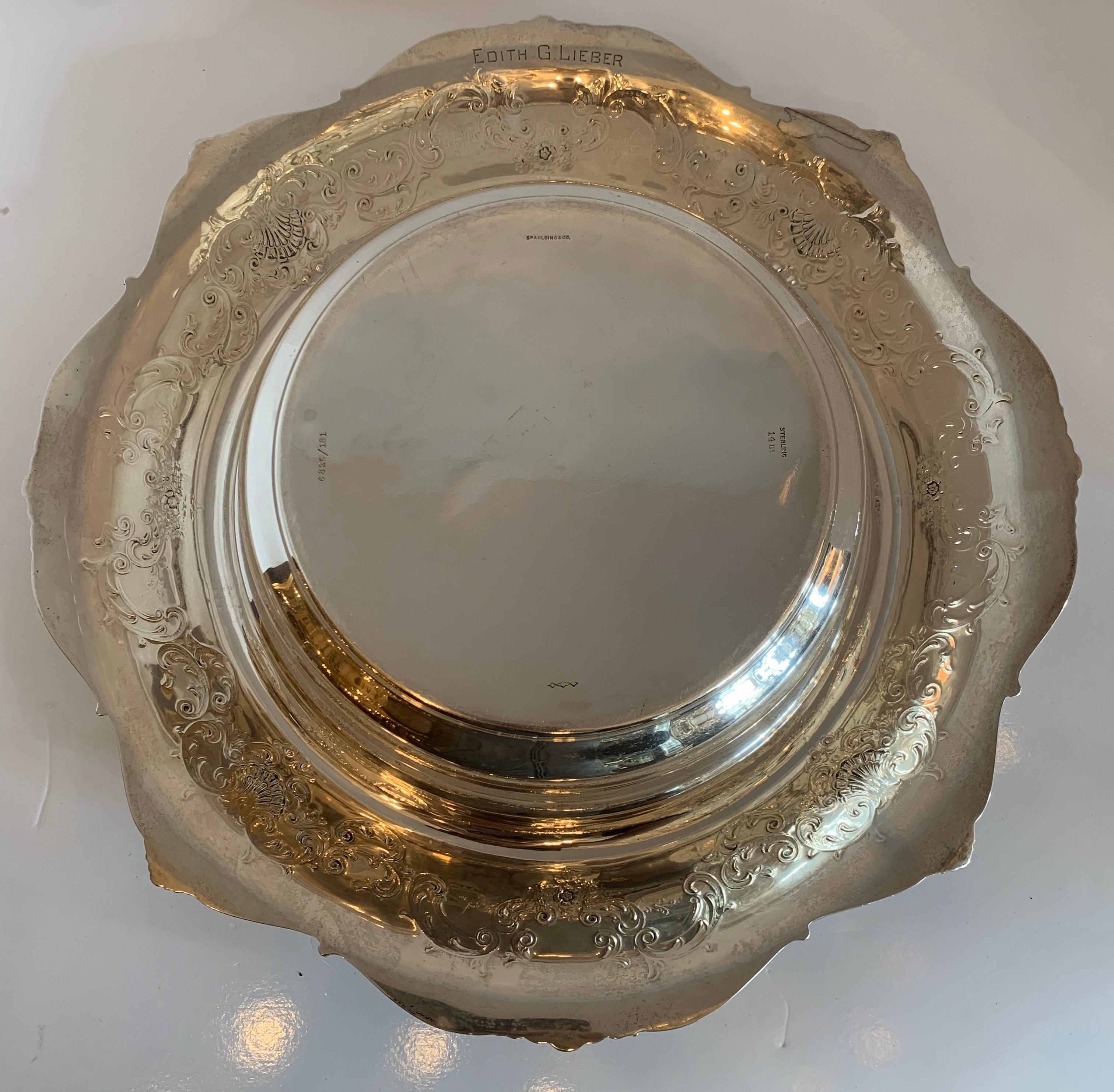 Wonderful Large Sterling Silver Spaulding & Co. Hand Chased Centerpiece Bowl In Good Condition In Roslyn, NY