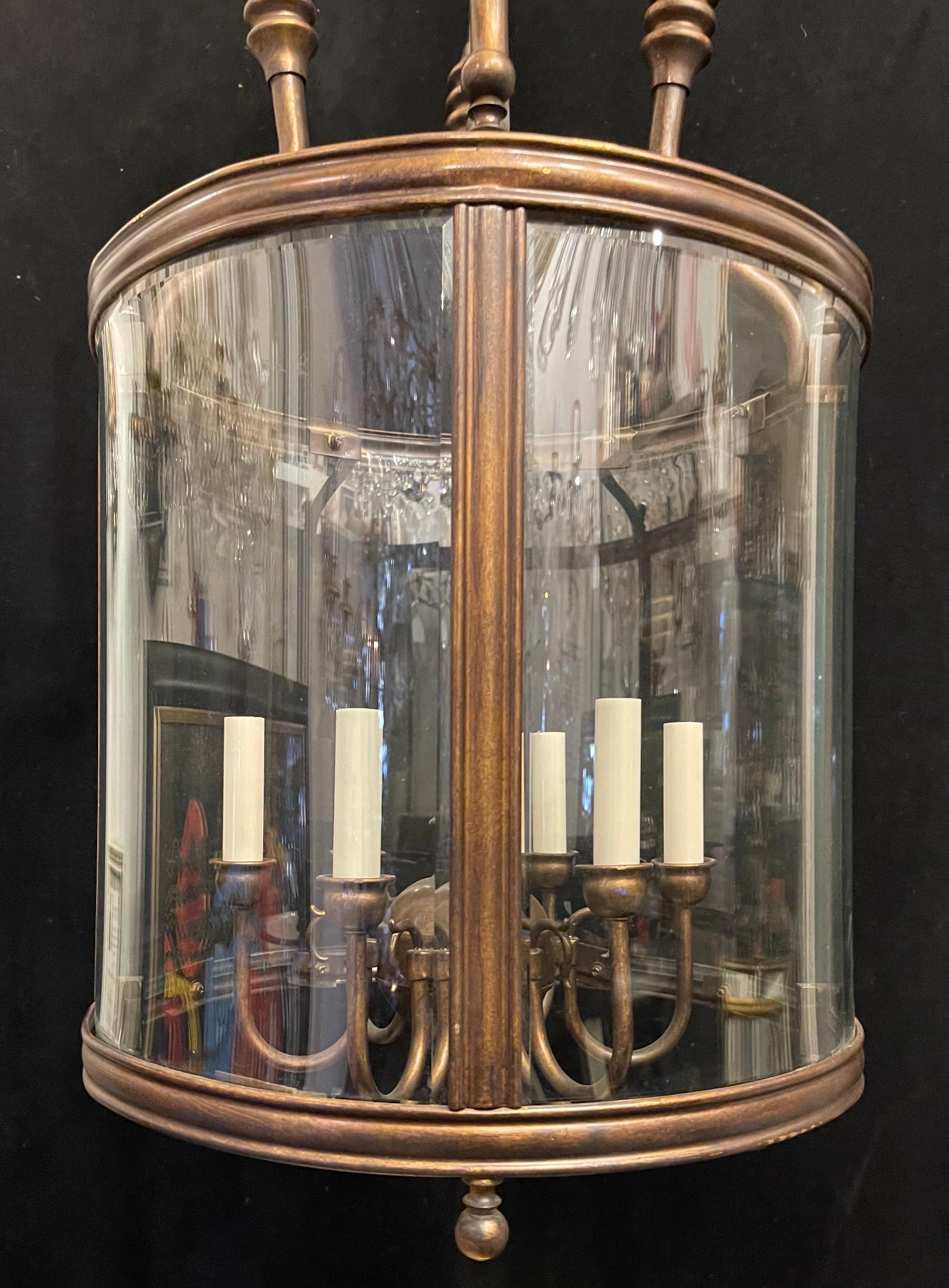 Wonderful Large Vaughan Gilt Bronze 6-Light Regency Curved Beveled Glass Lantern In Good Condition For Sale In Roslyn, NY