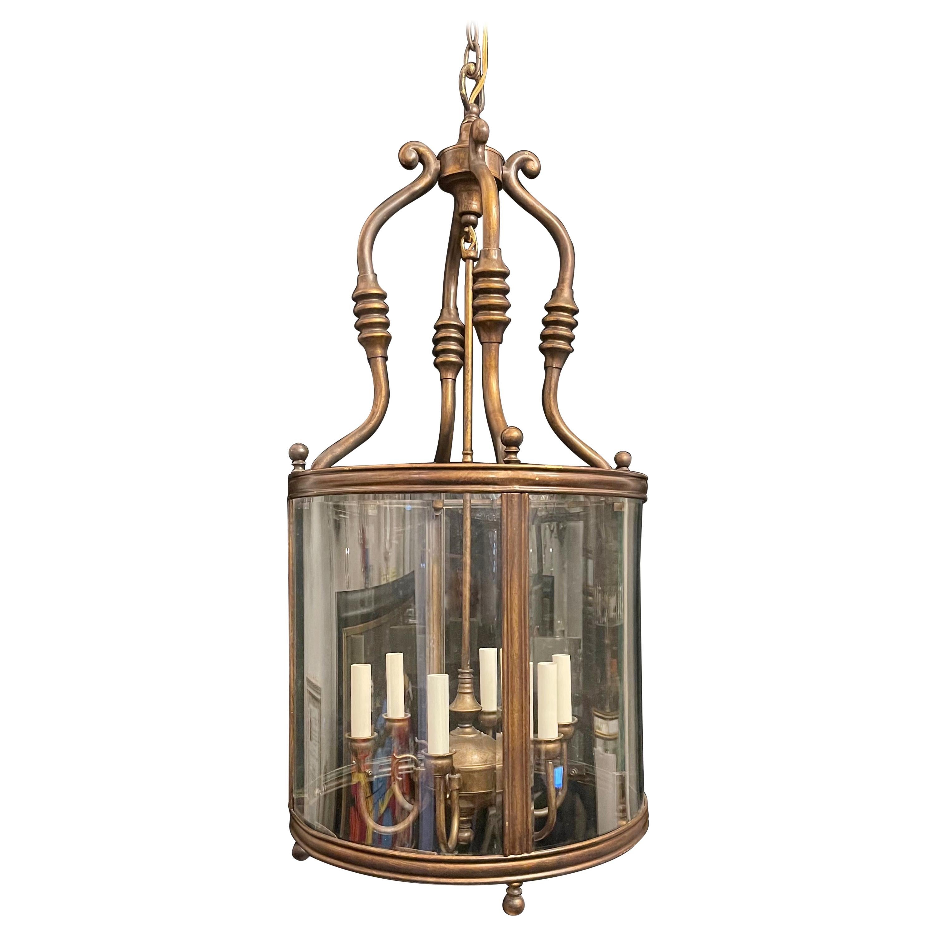 Wonderful Large Vaughan Gilt Bronze 6-Light Regency Curved Beveled Glass Lantern For Sale