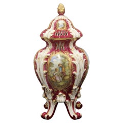 Maravilloso jarrón y tapa de porcelana roja y blanca estilo Sèvres de finales del siglo XIX