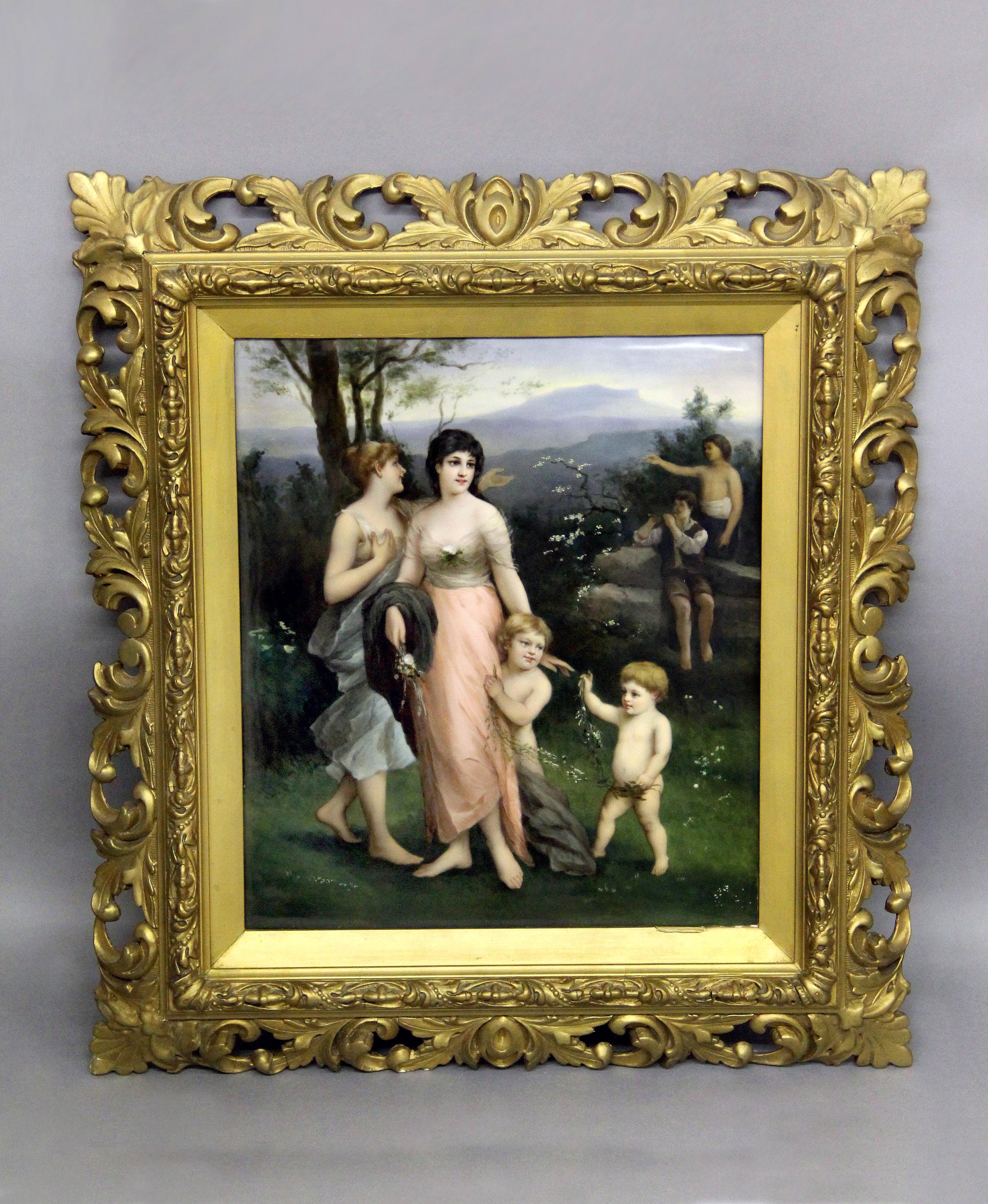 A wonderful late 19th-early 20th Berlin K.P.M. porcelain rectangular plaque

Painted landscape scene with two women and their children playing, the background with two men, one playing an instrument.

Impressed K.P.M and scepter marks, in the