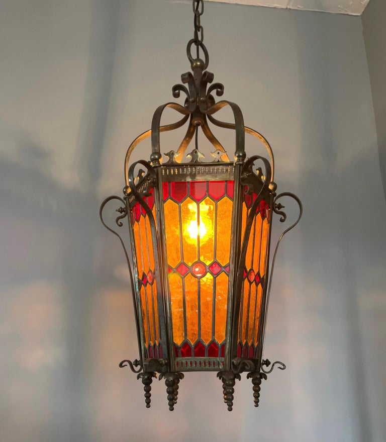 Wonderful Late Victorian Bronze and Stain Leaded Glass Pendant Light / Lantern For Sale 6