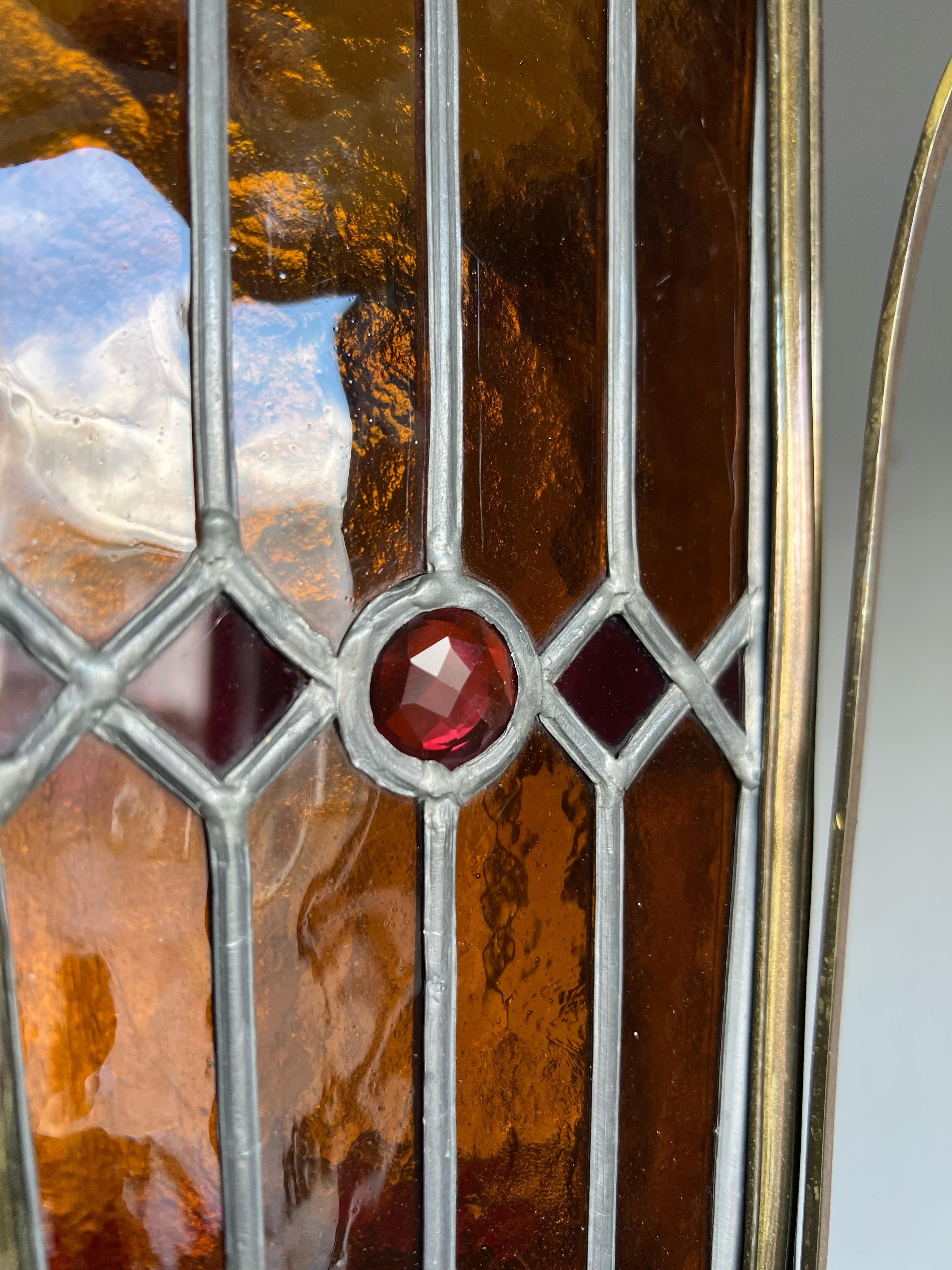 Maravillosa lámpara colgante/linterna victoriana tardía de bronce y cristal emplomado manchado en venta 9