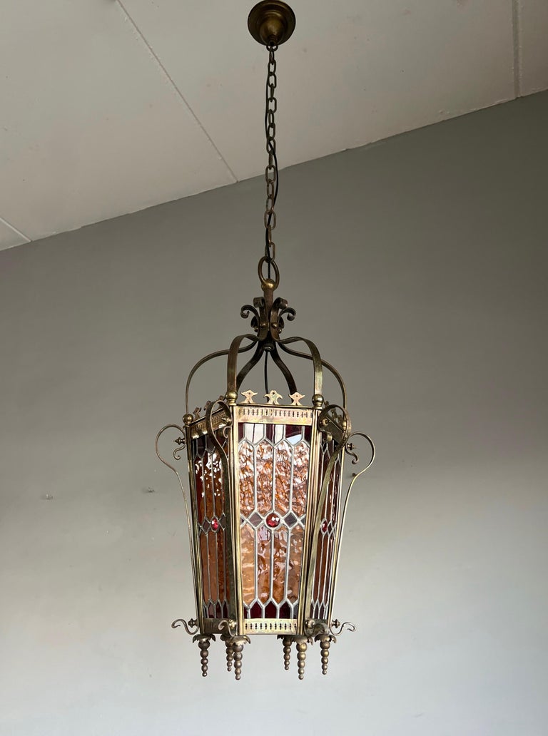 Wonderful Late Victorian Bronze and Stain Leaded Glass Pendant Light / Lantern For Sale 1