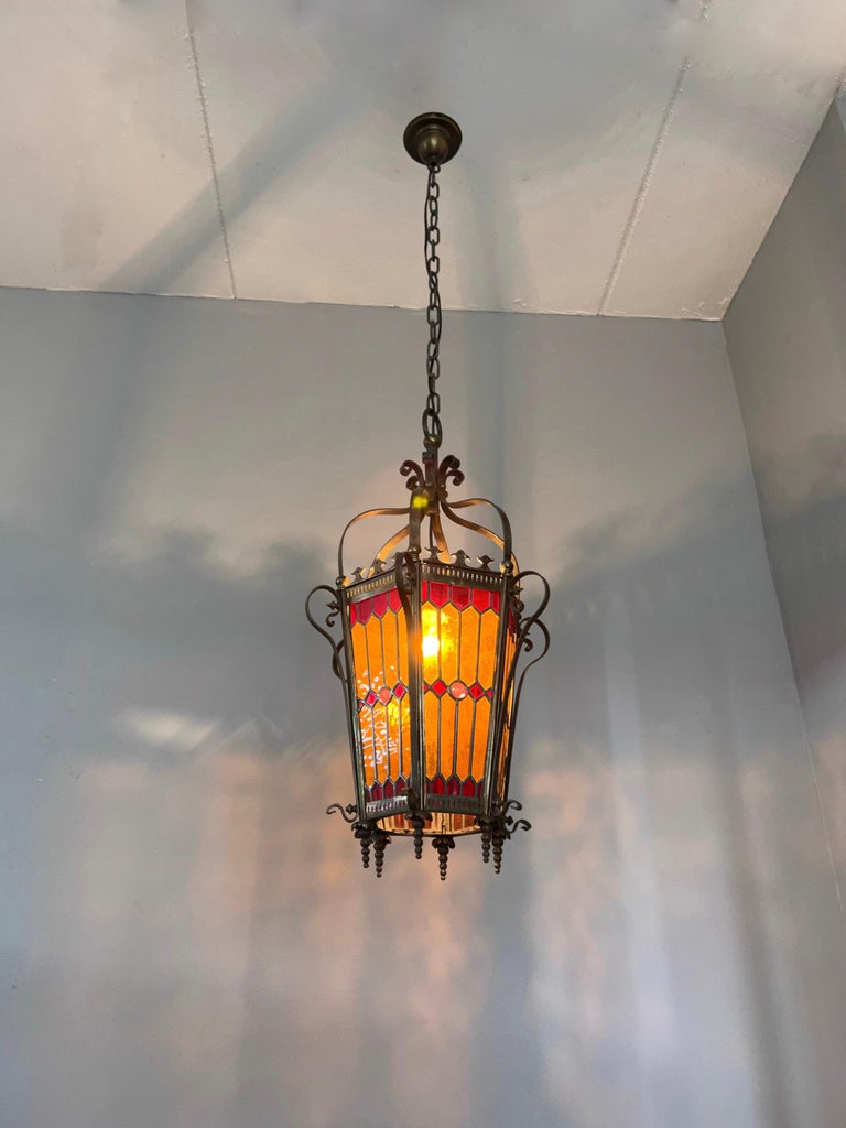 Wonderful Late Victorian Bronze and Stain Leaded Glass Pendant Light / Lantern For Sale 2