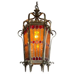 Wonderful Late Victorian Bronze and Stain Leaded Glass Pendant Light / Lantern