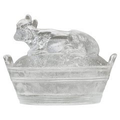 Wonderful Lidded Box with Cow in Glass Mid 20th Century