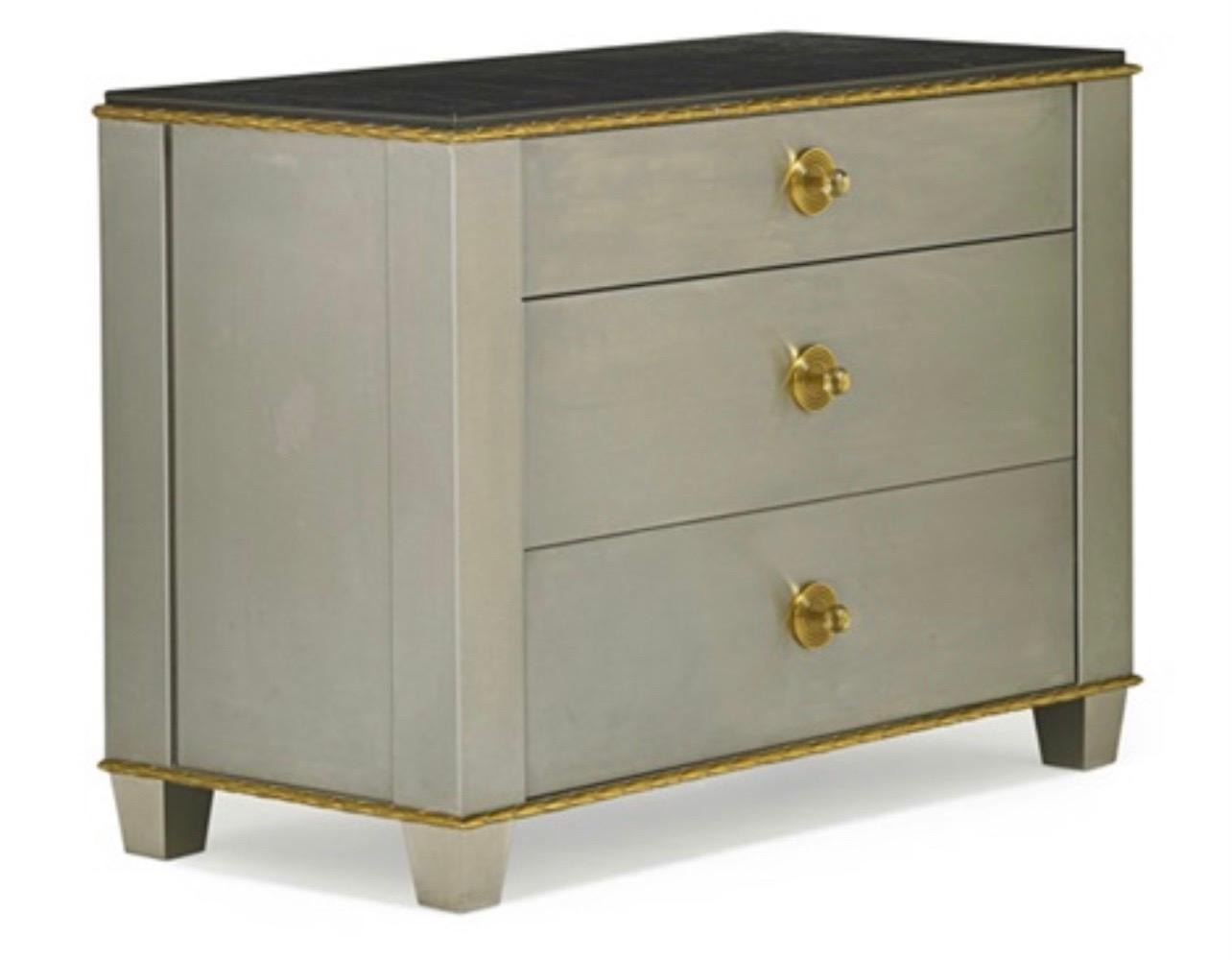 Wonderful Lorin Marsh Jansen Stainless Steel Leather Top Bronze Chest Cabinet In Good Condition For Sale In Roslyn, NY