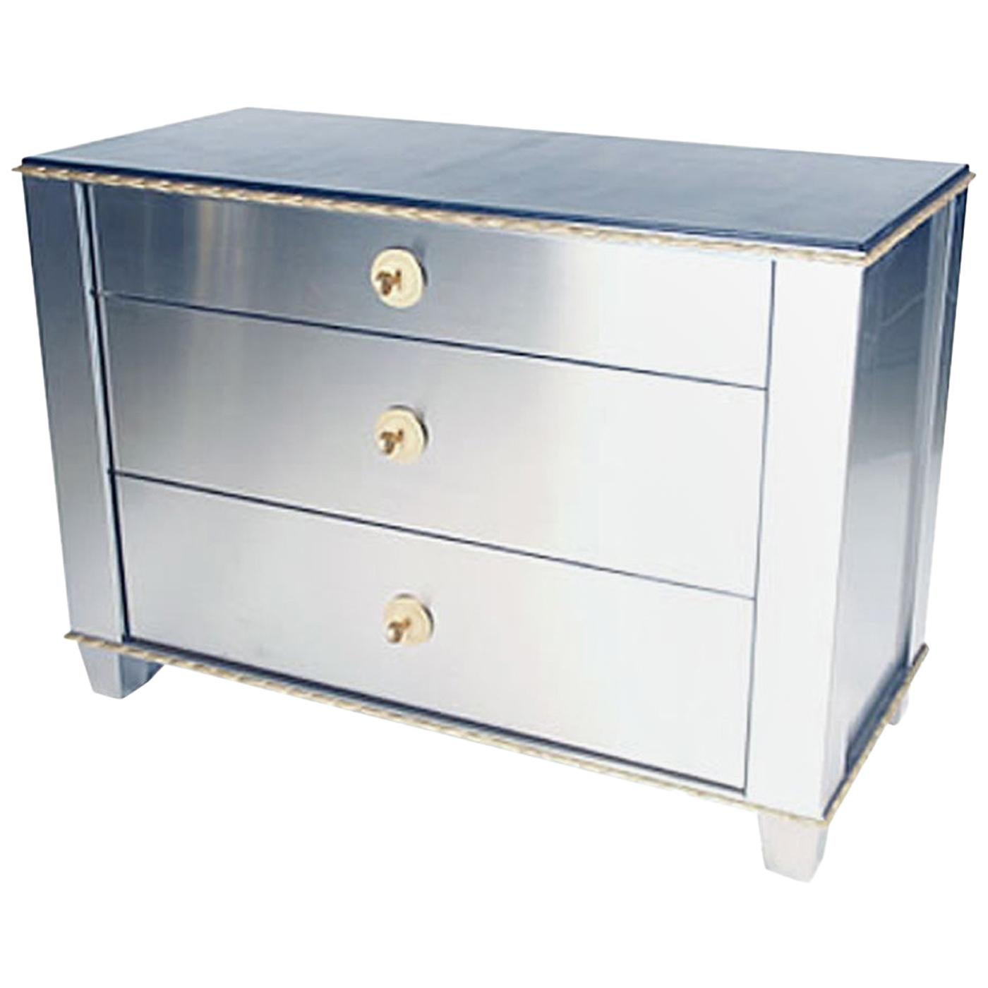 Wonderful Lorin Marsh Jansen Stainless Steel Leather Top Bronze Chest Cabinet For Sale