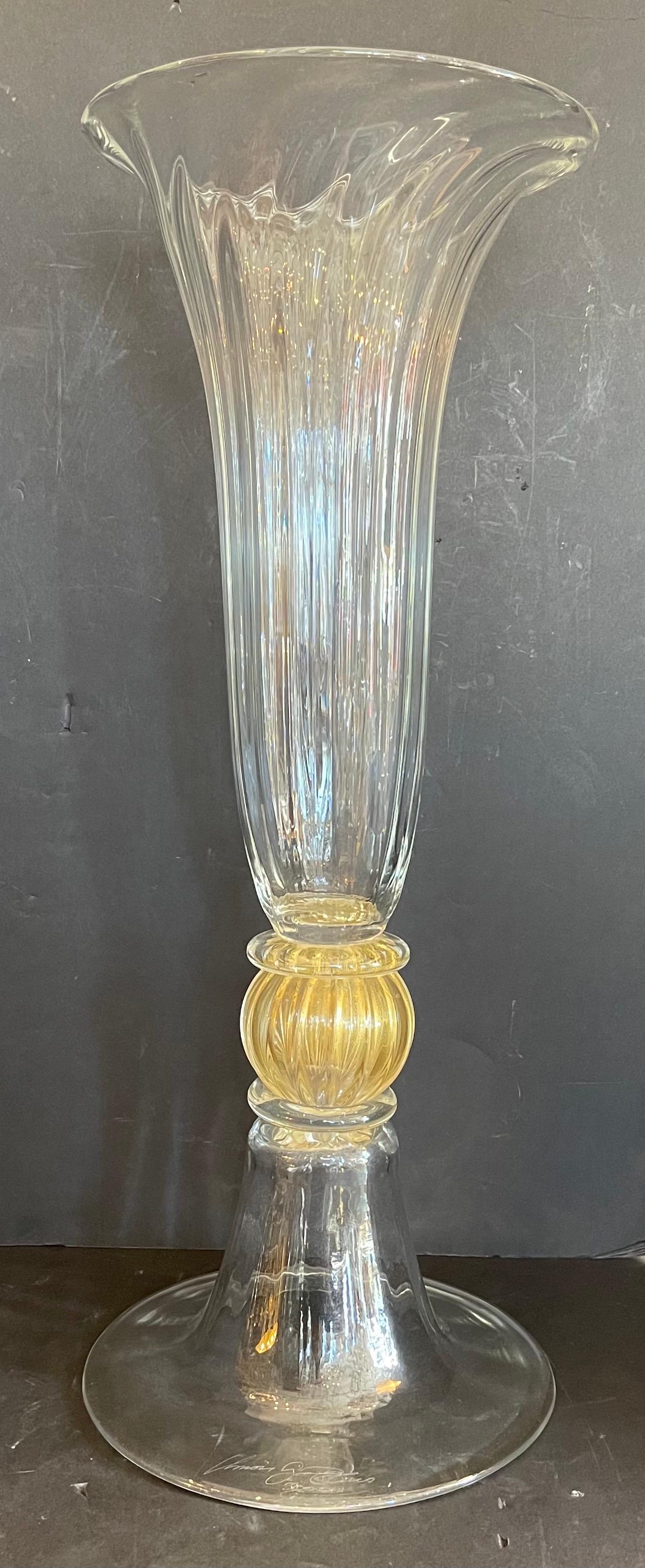 A Wonderful Large Lorin Marsh murano clear & gold swirl flecked glass centerpiece tall vase in the manner of Seguso.