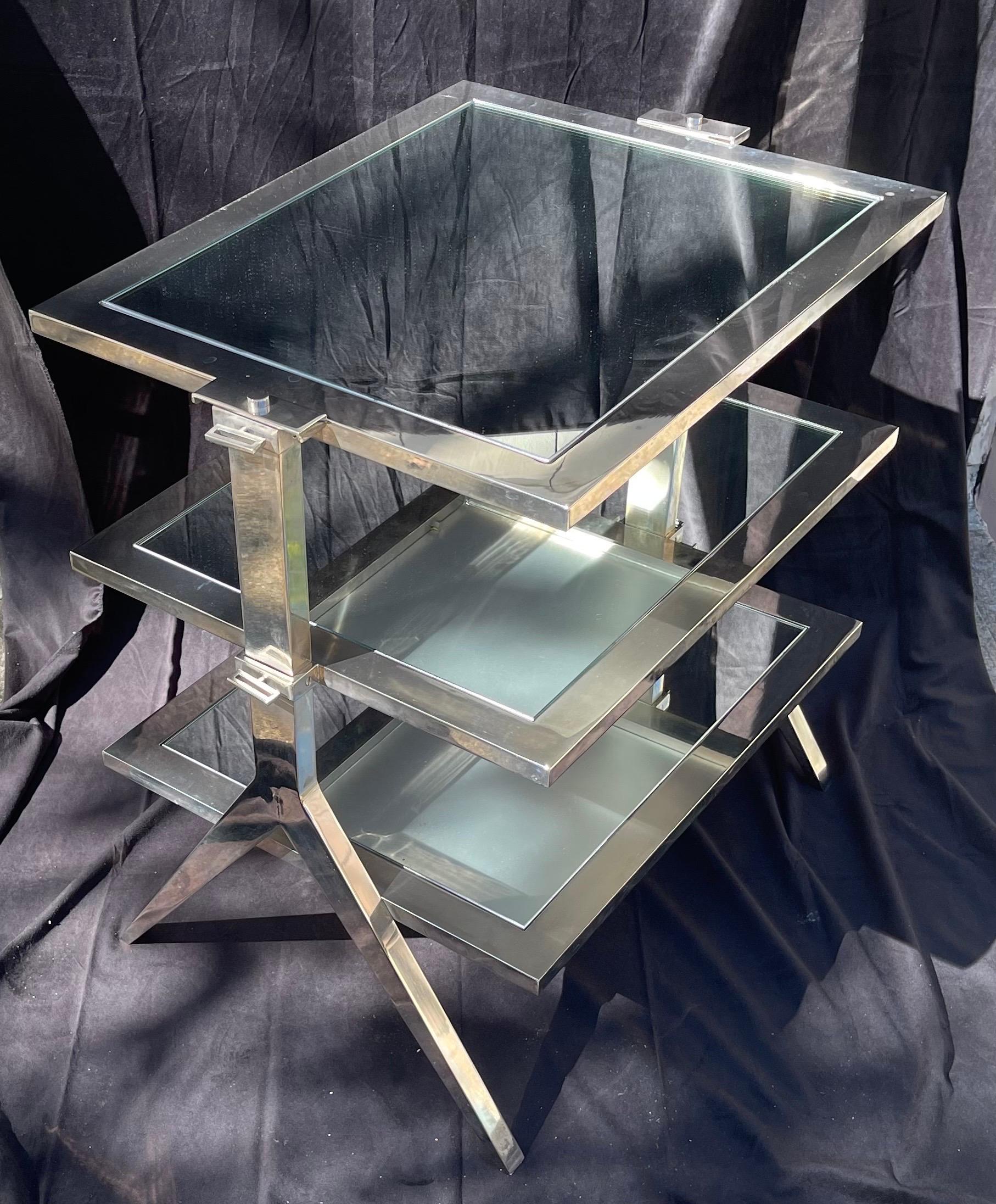 Mid-Century Modern Wonderful Lorin Marsh Polished Nickel Mirror Three-Tier Side Table For Sale
