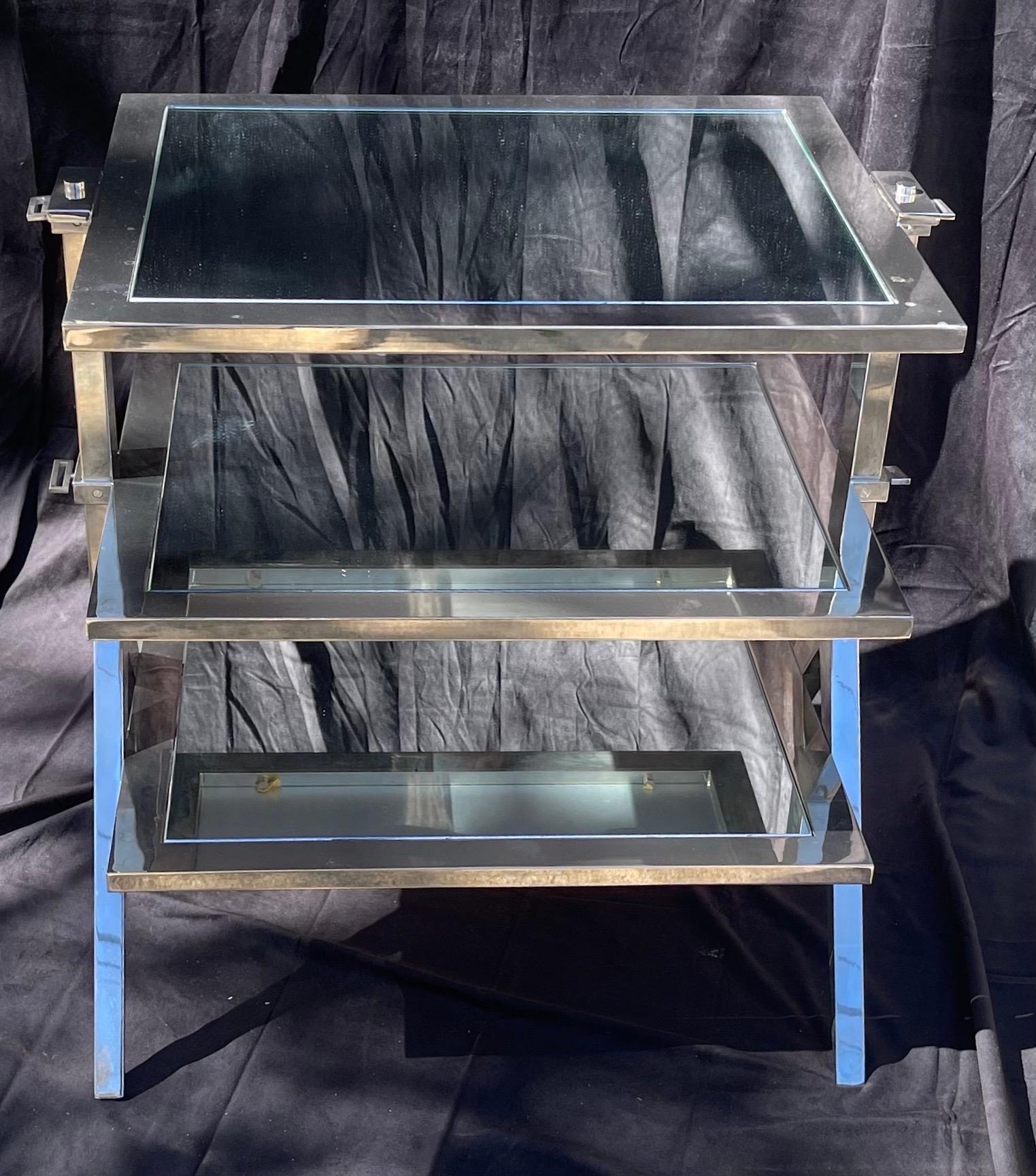 Italian Wonderful Lorin Marsh Polished Nickel Mirror Three-Tier Side Table For Sale