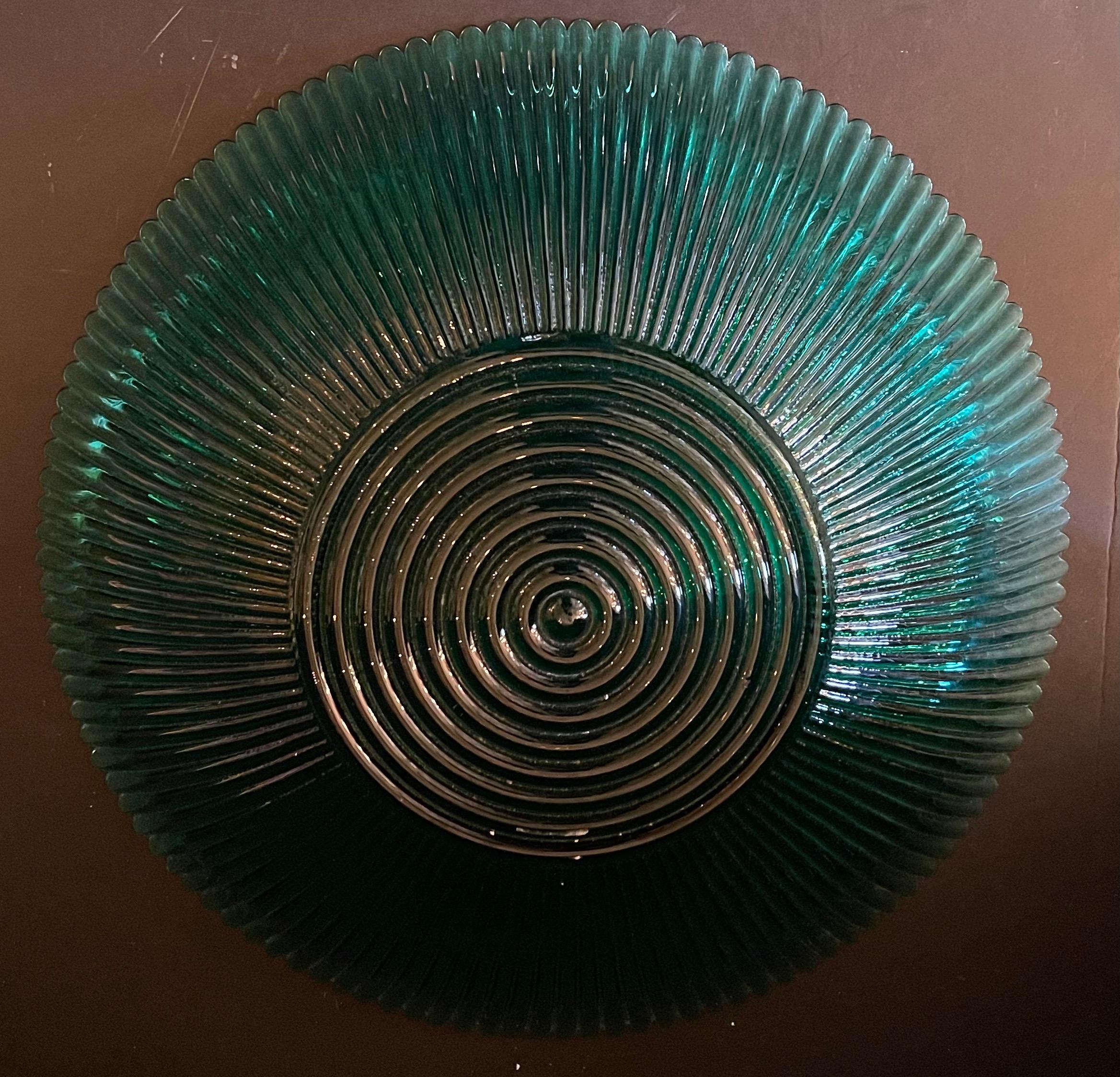 Mid-Century Modern Wonderful Lorin Marsh Ridged Bowl Green Murano Glass Centerpiece Bowl Brass Base