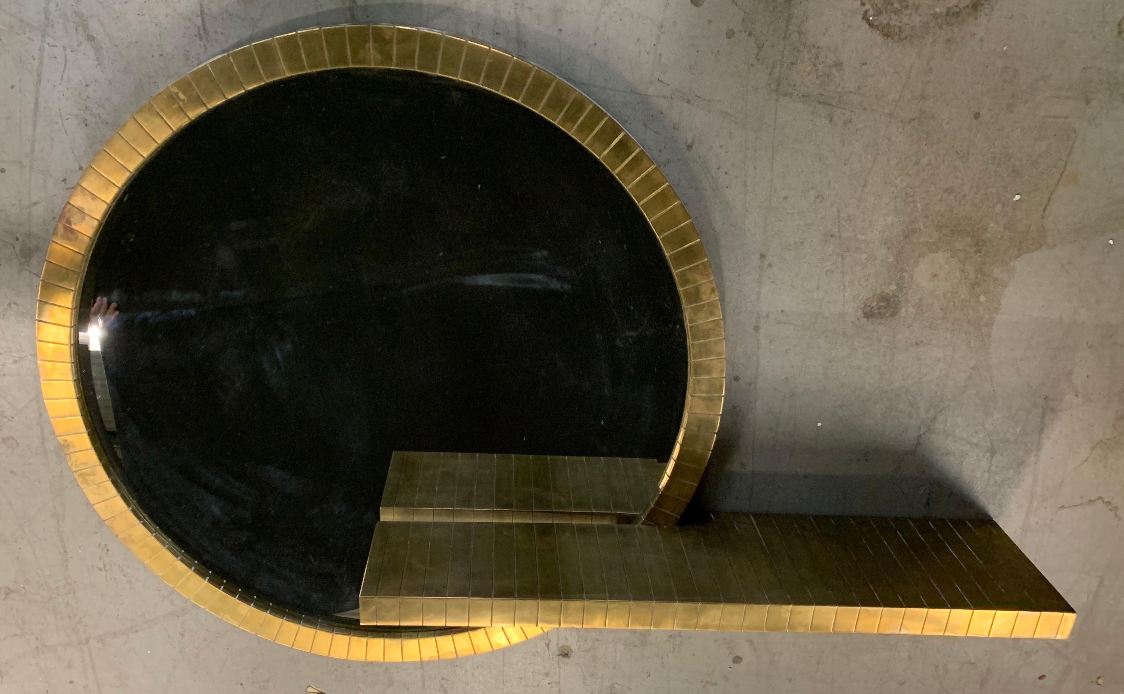 Italian Wonderful Lorin Marsh Score Mid-Century Modern Brass Round Mirror Wall Console For Sale