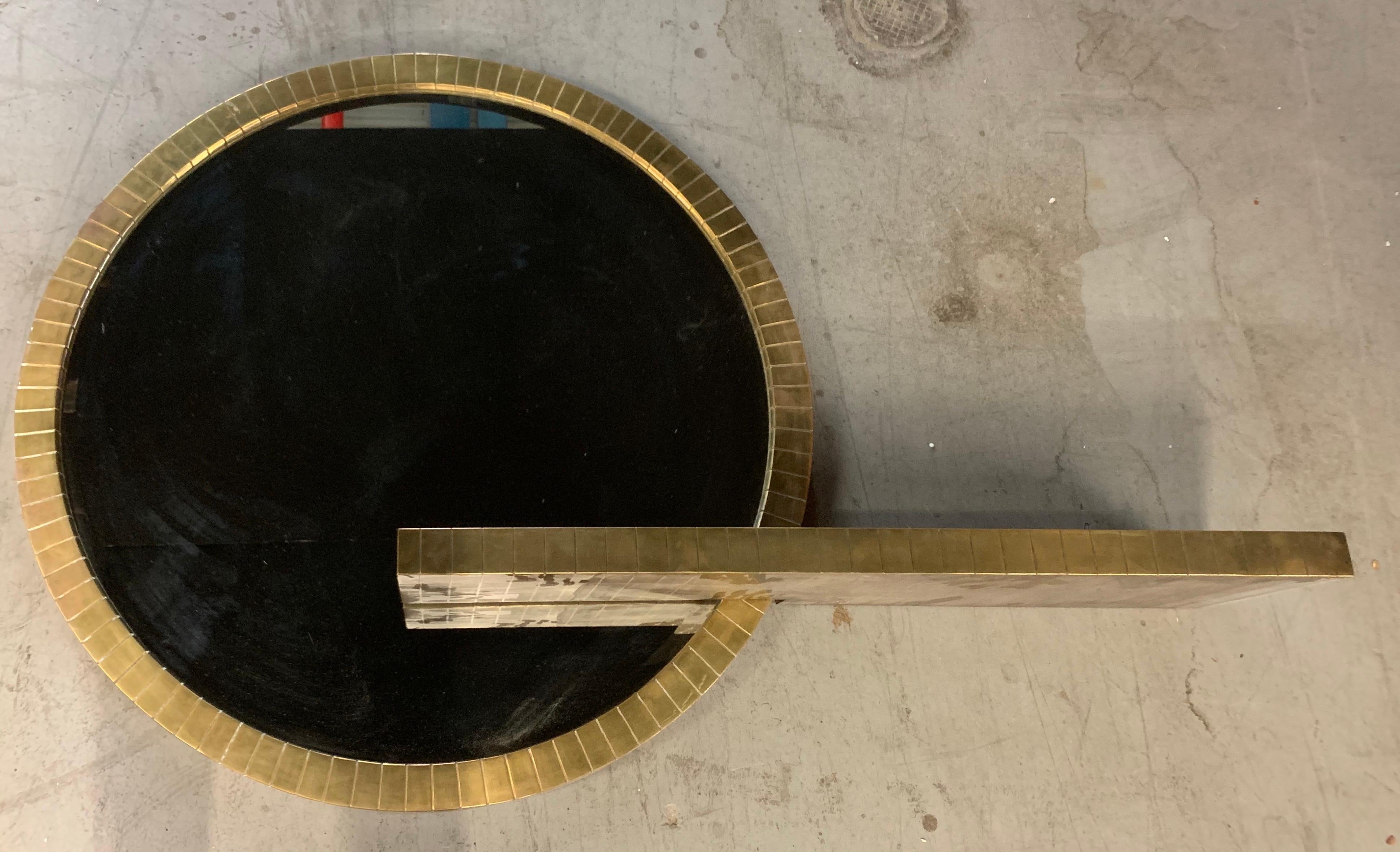 Beveled Wonderful Lorin Marsh Score Mid-Century Modern Brass Round Mirror Wall Console For Sale