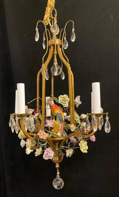 Wonderful Louis VX Bronze Crystal Porcelain Flower Basket Form Bird Chandelier
