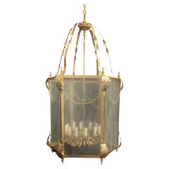 Wonderful Louis XVI Leaf Swag Large Gold Gilt Lantern Light Fixture Seeded Glass
