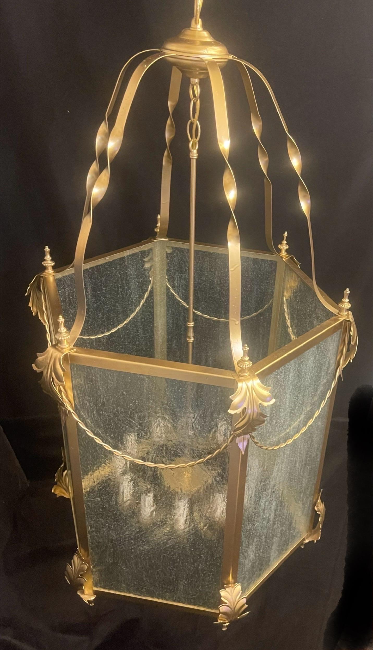 Italian Wonderful Louis XVI Leaf Swag Large Gold Gilt Lantern Light Fixture Seeded Glass For Sale