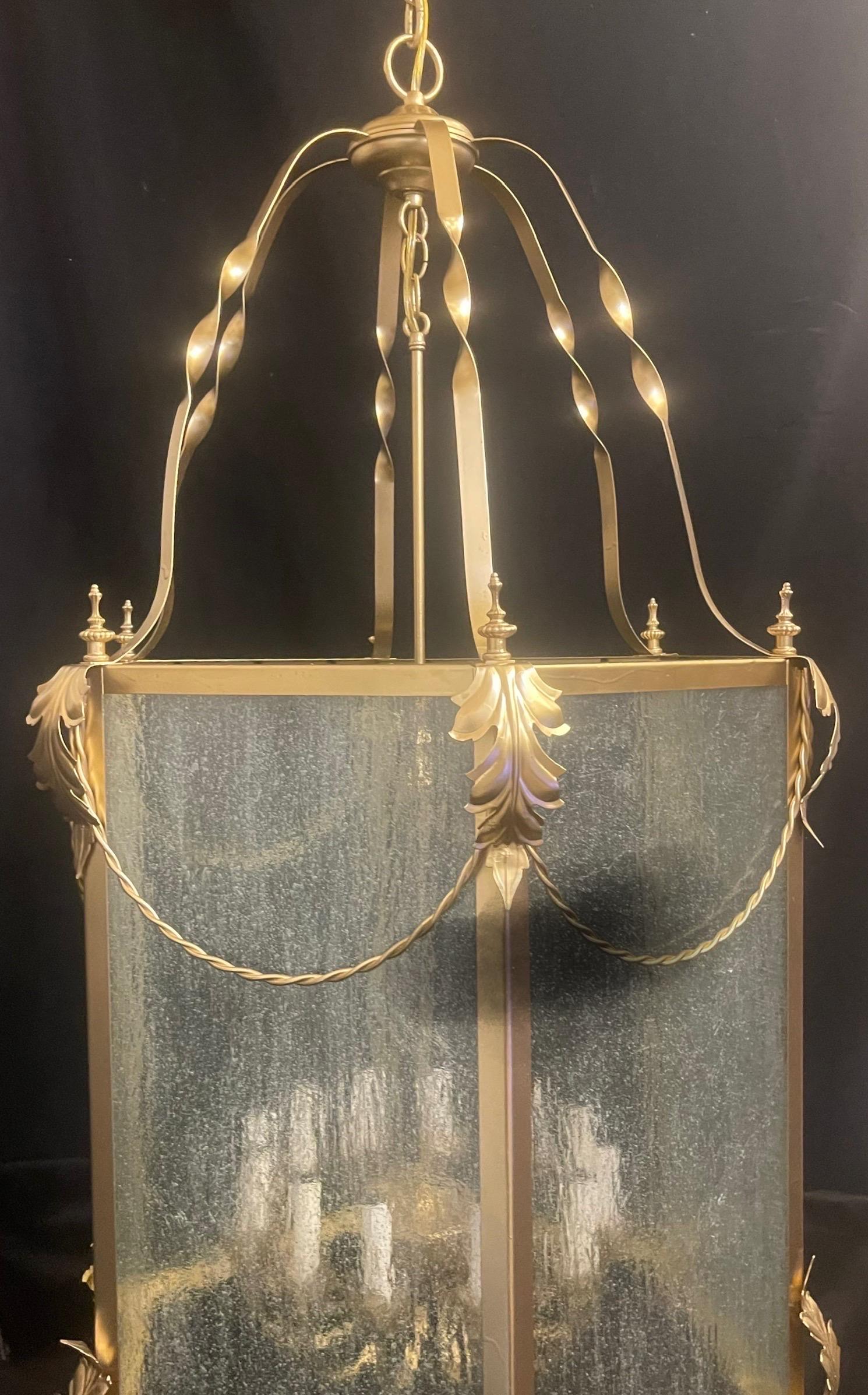 Wonderful Louis XVI Leaf Swag Large Gold Gilt Lantern Light Fixture Seeded Glass In Good Condition For Sale In Roslyn, NY