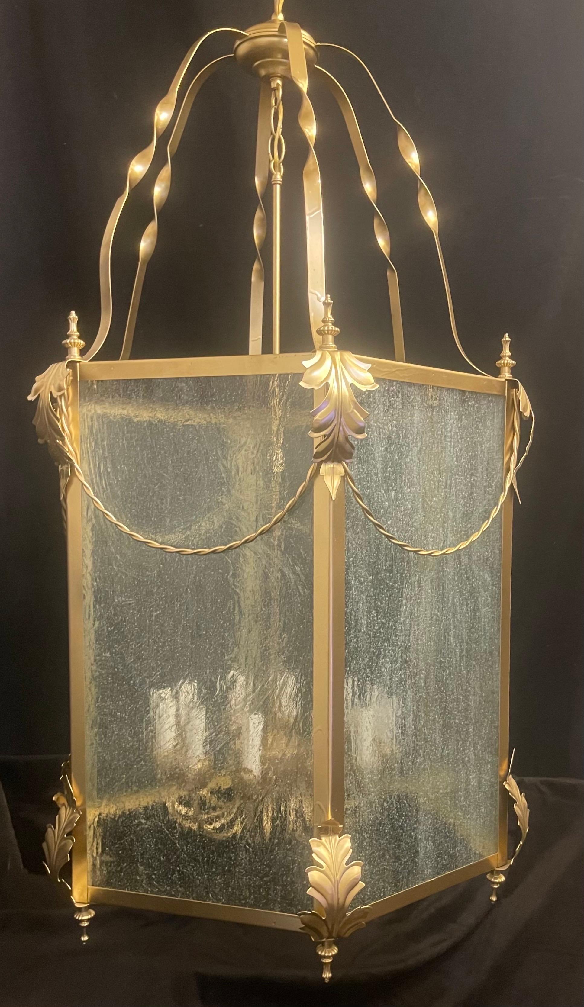 20th Century Wonderful Louis XVI Leaf Swag Large Gold Gilt Lantern Light Fixture Seeded Glass For Sale
