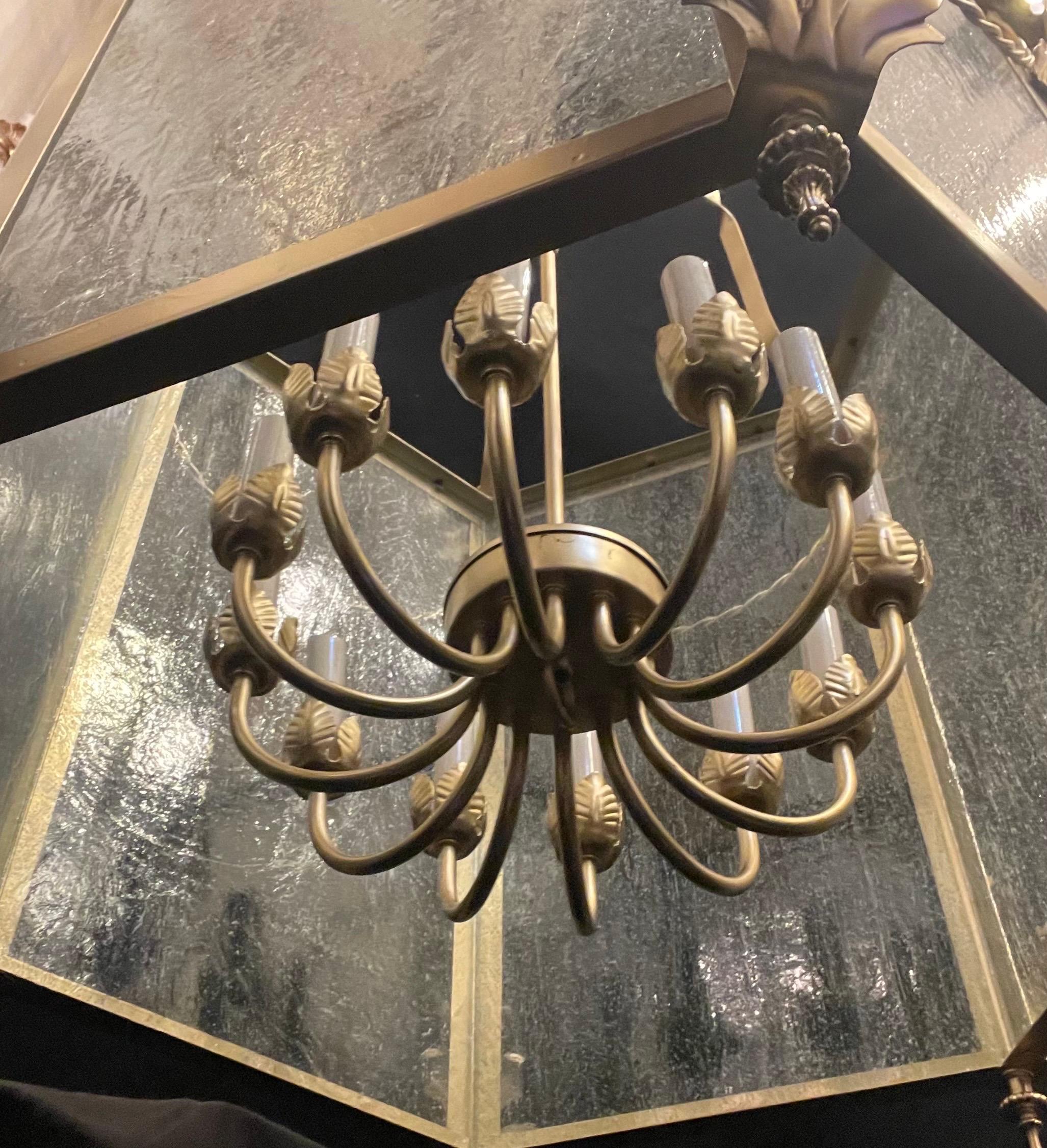 Metal Wonderful Louis XVI Leaf Swag Large Gold Gilt Lantern Light Fixture Seeded Glass For Sale